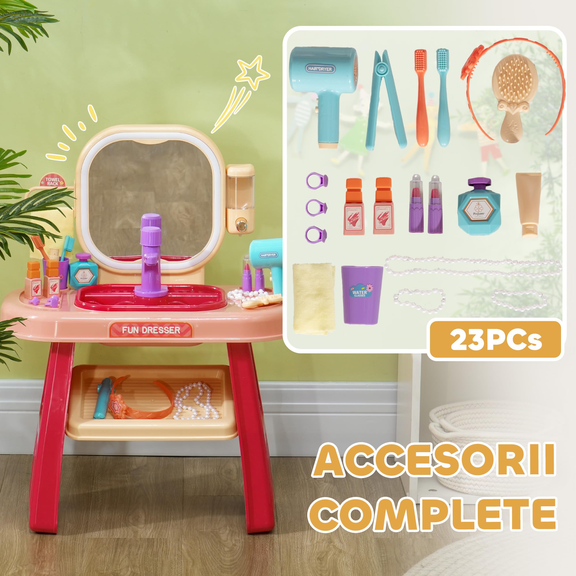 AIYAPLAY - Juego de tocador para niños, 23 Unidades, Mesa de Maquillaje con Espejo, luz LED y música, para niños de 3 a 6 años, Color Rosa