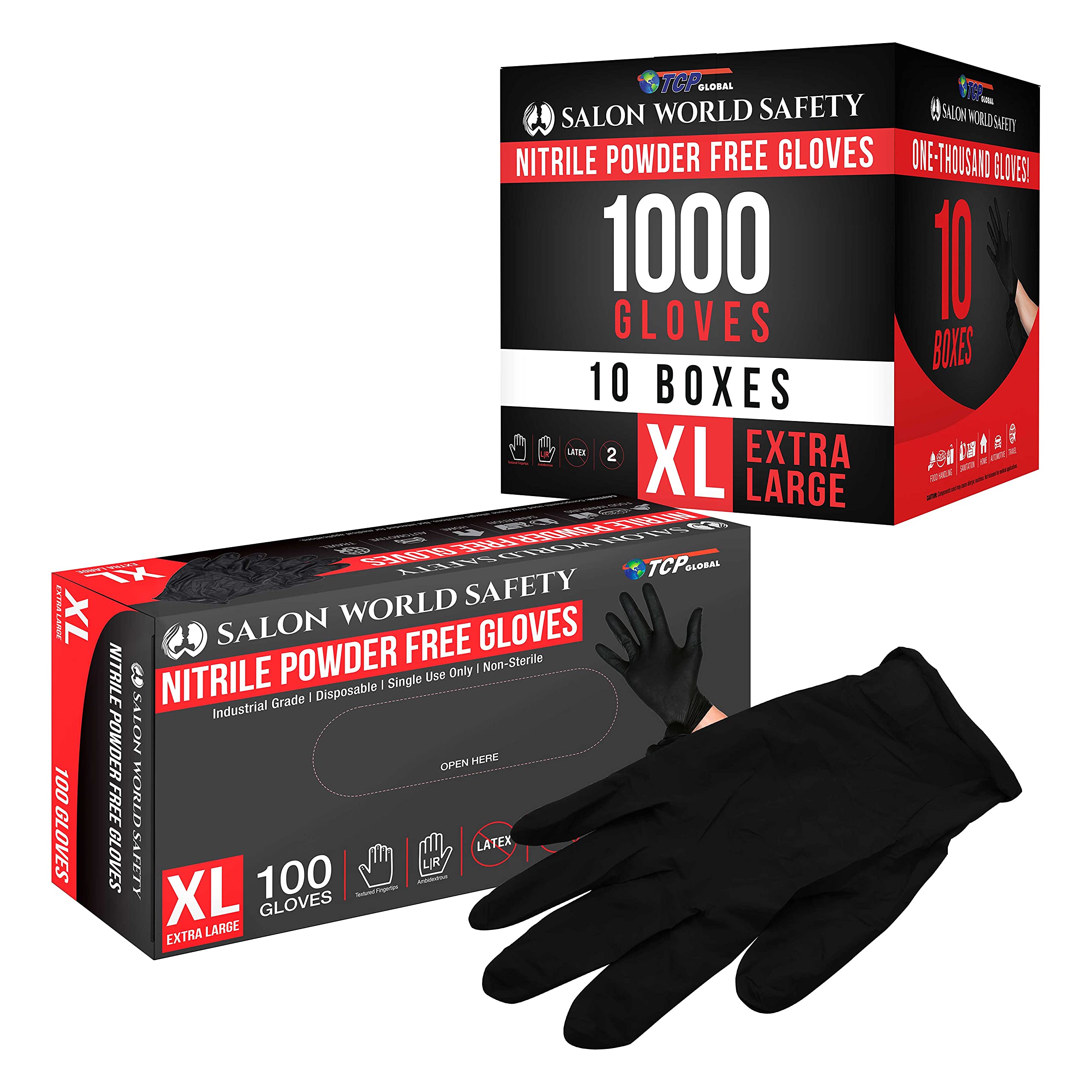 Salon World Safety Guantes desechables de nitrilo negro, 10 cajas de 100, tamaño XL, 4.0 mil, sin látex, texturizados, seguros para alimentos