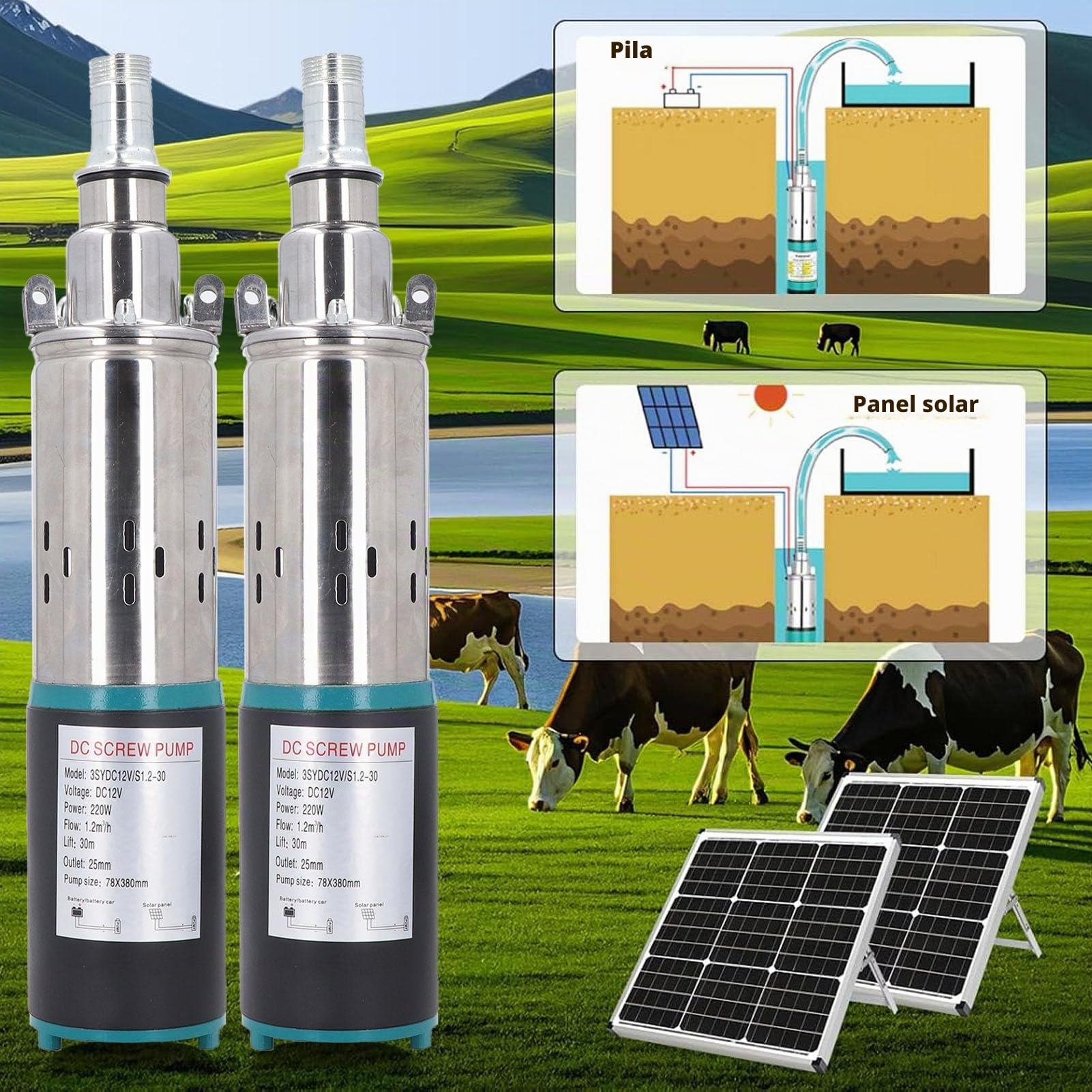 Bomba Solar para Pozo Profundo, 12 V, Acero Inoxidable, Tornillo, Sumergible, Corriente Continua, para Riego Agrícola, Estanque, Abrevadero, 30 M Altura, Caudal 1,2 M³/H