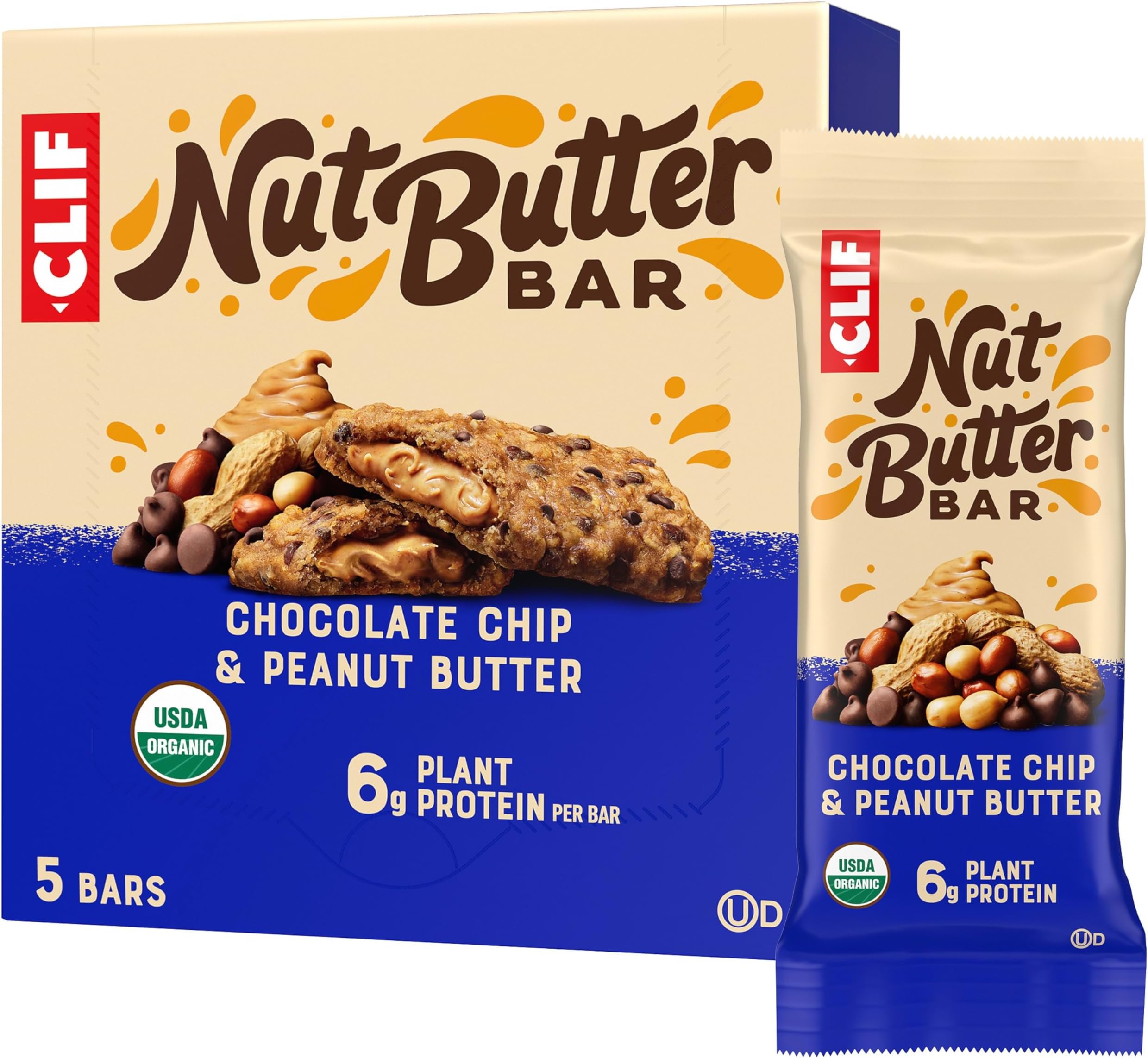 CLIF Nut Butter Bar - Chocolate Chip & Peanut Butter - Filled Energy Bars - Non-GMO - USDA Organic - Plant-Based - Low Glycemic - 1.76 oz. (5 Pack)