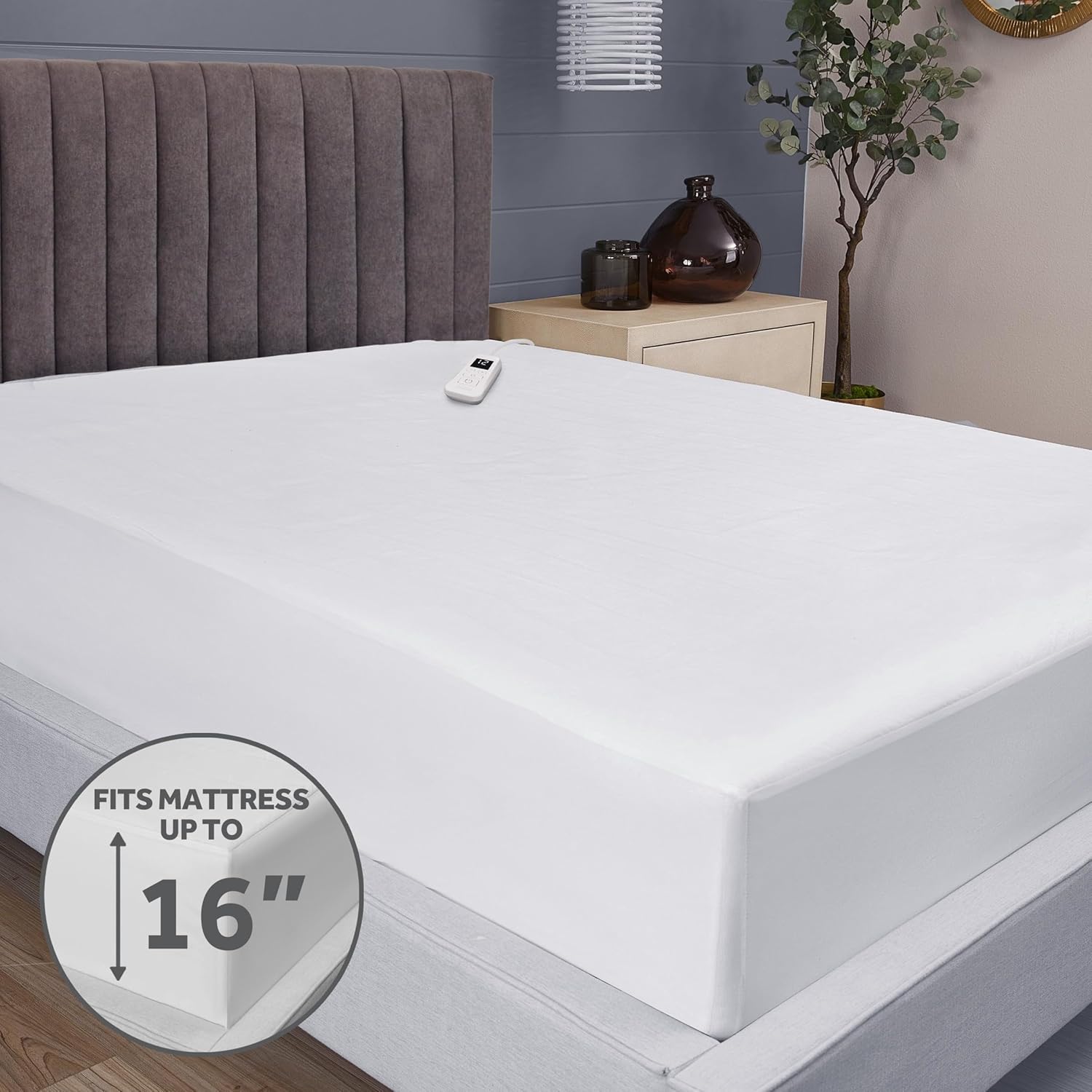 Sunbeam Electric Heated Mattress Pad fitted on a bed, showing the deep pocket skirt stretching to fit a mattress up to 16 inches deep.