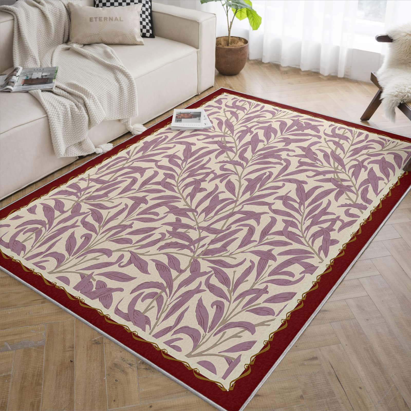 Tapis à pils bas lavable 140x200cm style européen motif feuille botanique