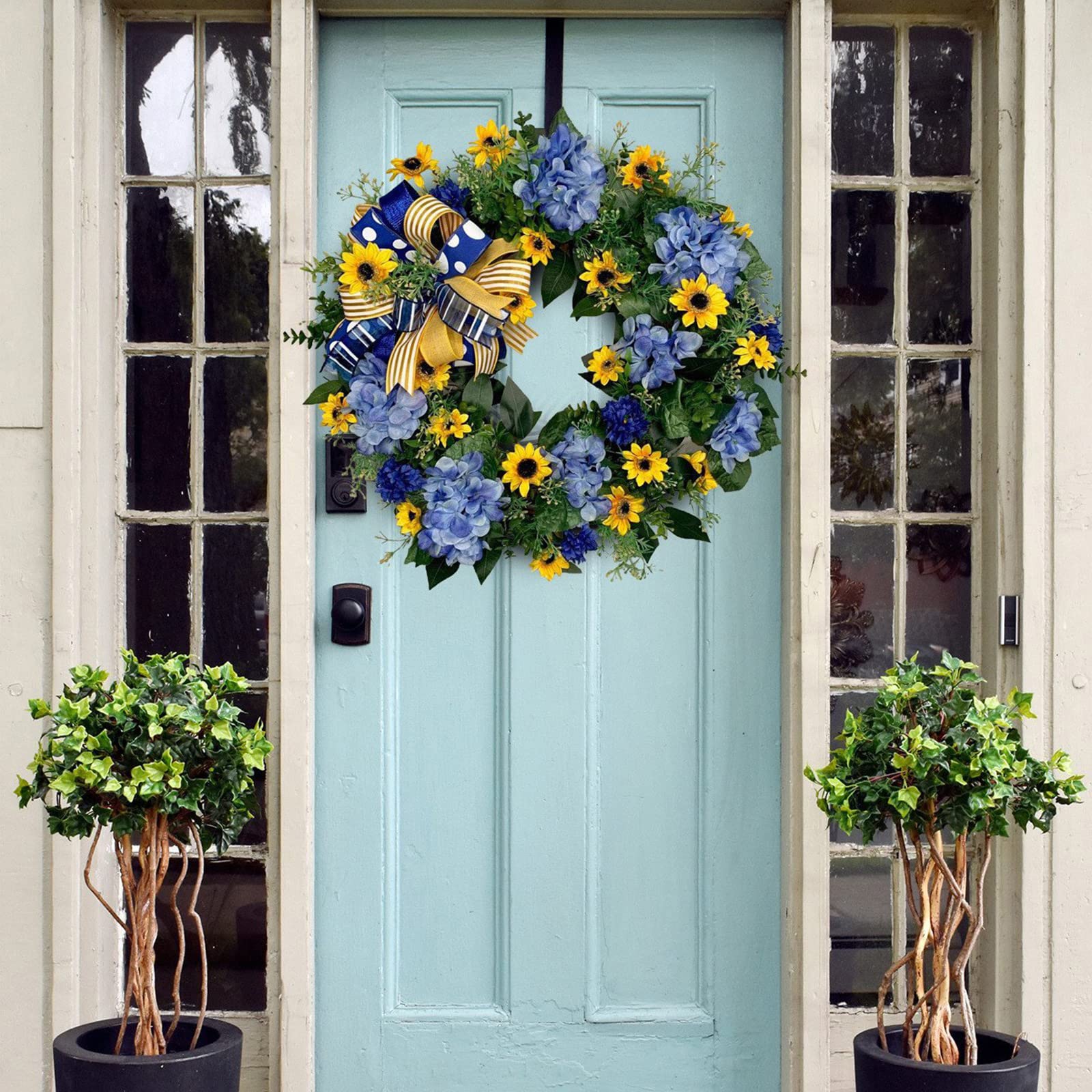 15 Inch Spring Summer Hydrangea Wreath Artificial Blue Hydrangea Yellow Sunflower Wreath for Front Door, Farmhouse Floral Eucalyptus Greenery for Home Wedding Party Decor