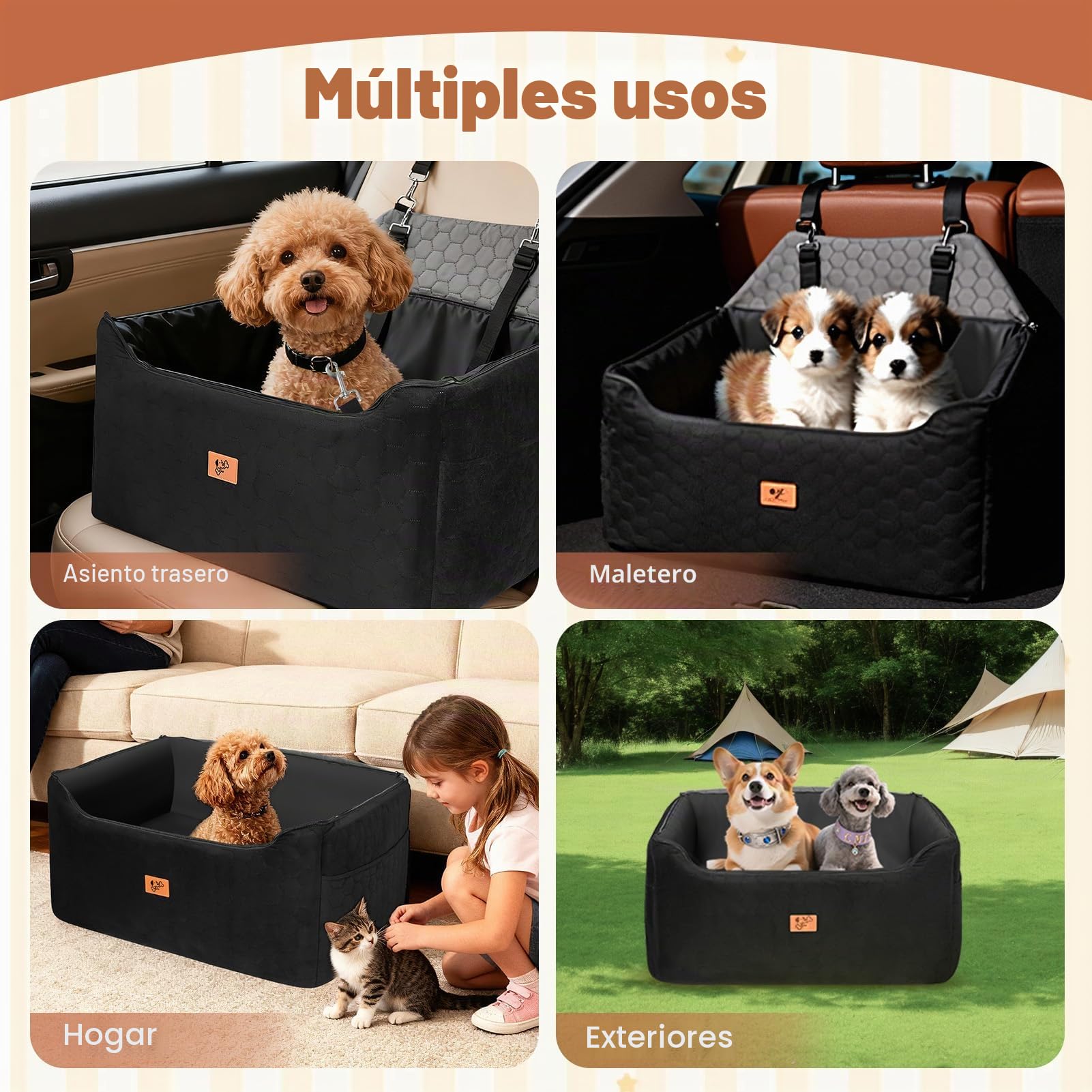 Asiento Perro Coche, Extra Estable Cama Perro Coche con Espuma Viscoelástica, Funda Lavable y Cinturón de Seguridad, Asiento Coche Perros Medianos y Grandes de hasta 55 kg, 78x55x53 cm