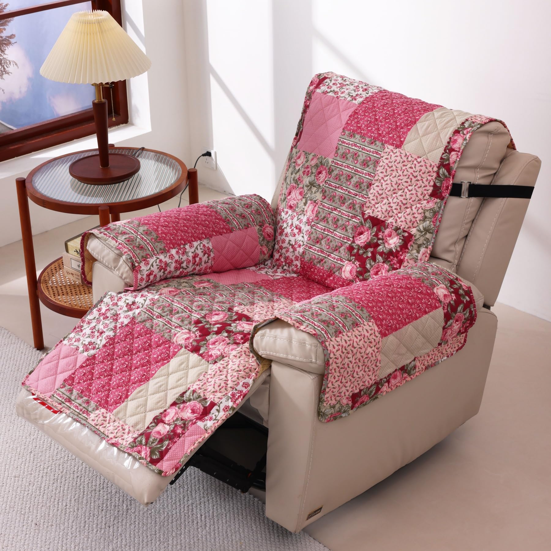 Photo 1 of Skidproof Sofa Cover-Patchwork Sofa Slipcover with Elastic Straps-Easy Fit Slip Cover-Washable Furniture Protector for Pets and Kids(Recliner,Hot Pink)