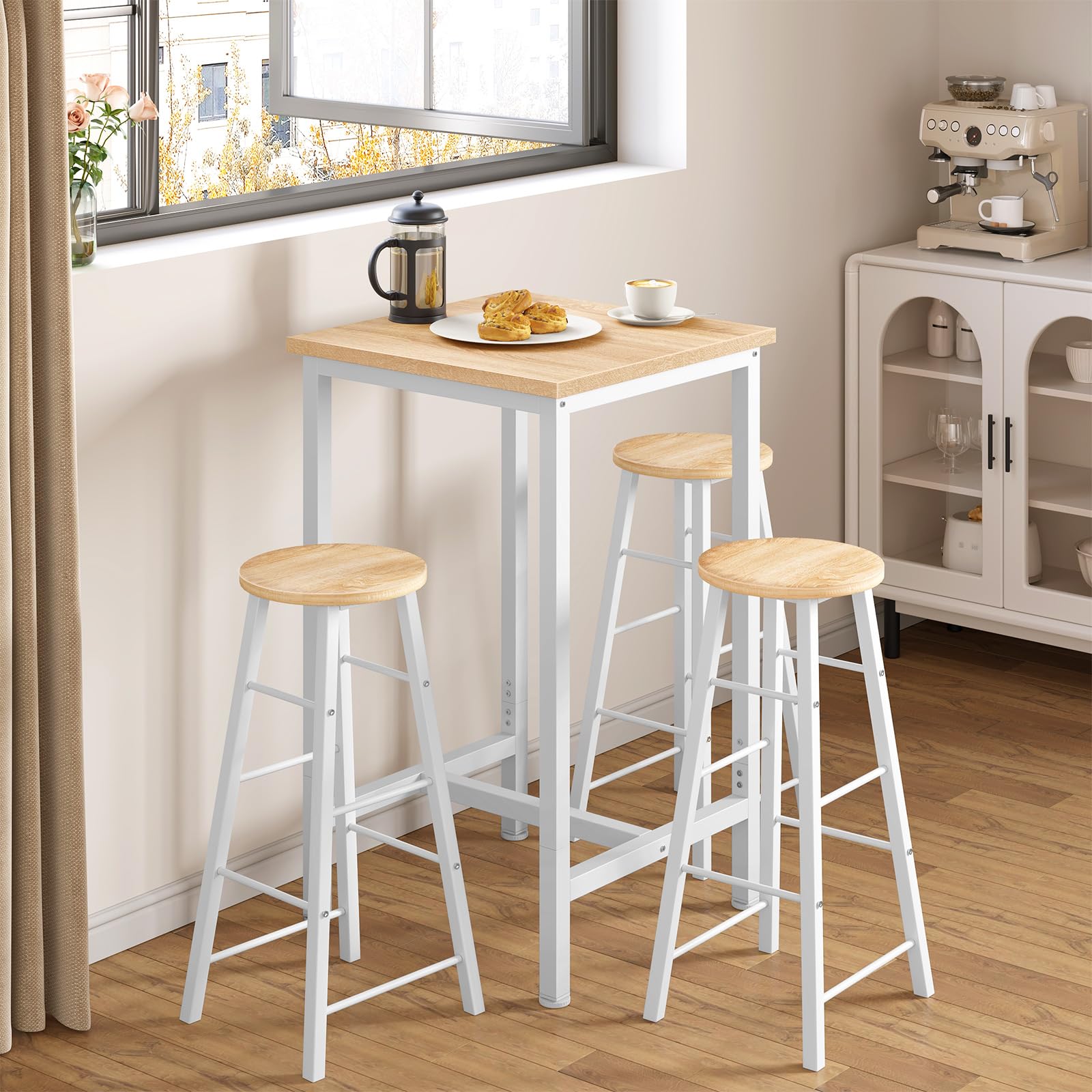 WOLTU Petit Table de Bar 60x100x60 cm, Table Haute en Métal et Bois, Mange Debout pour Cuisine, Salon, Blanc/Chêne Clair