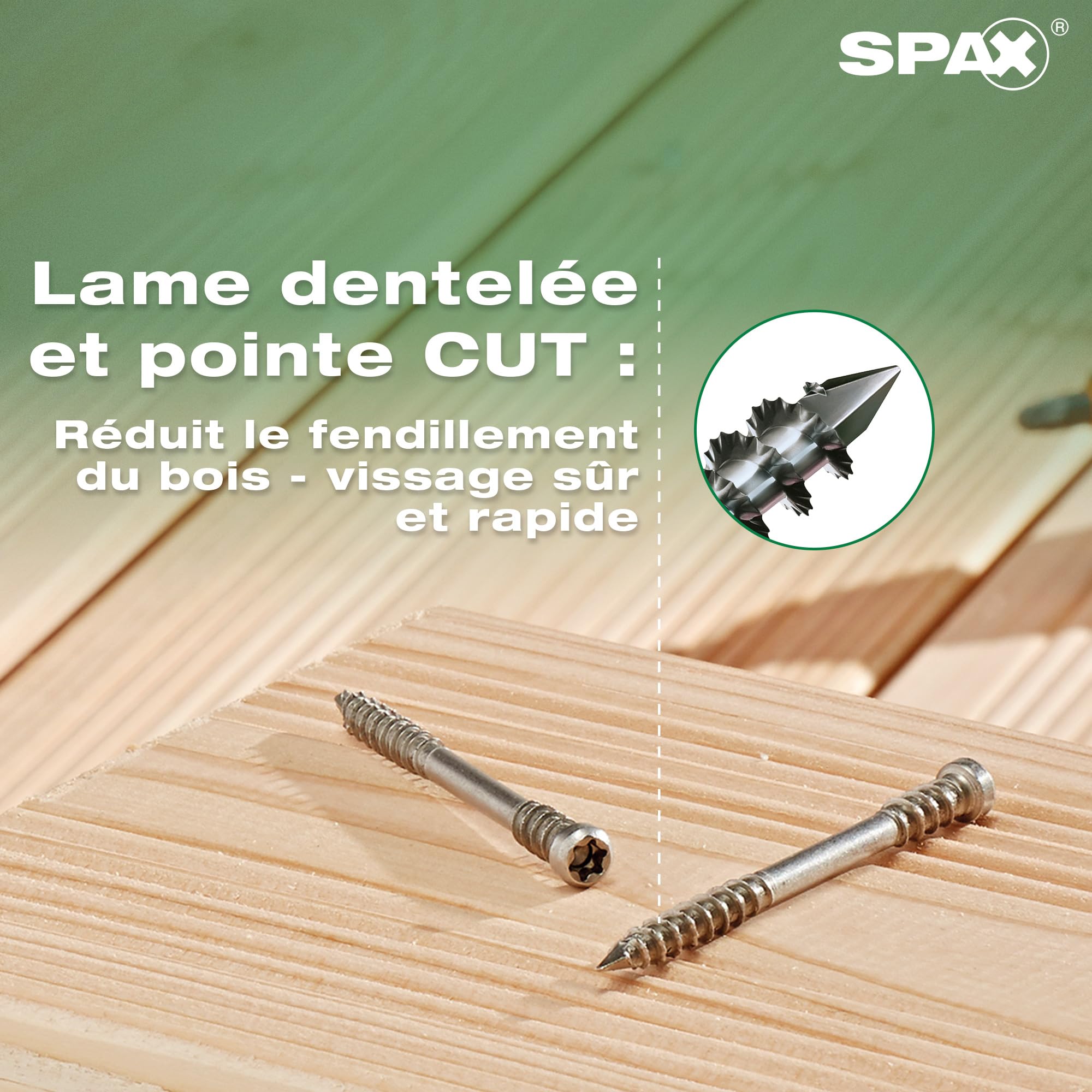 SPAX Vis de terrasse 5 x 60 mm, 360 pièces - Vis à filetage de fixation, tête cylindrique, T-STAR plus T25, pointe CUT, acier inoxydable A2 pour la construction de terrasses en bois - 8000000276613