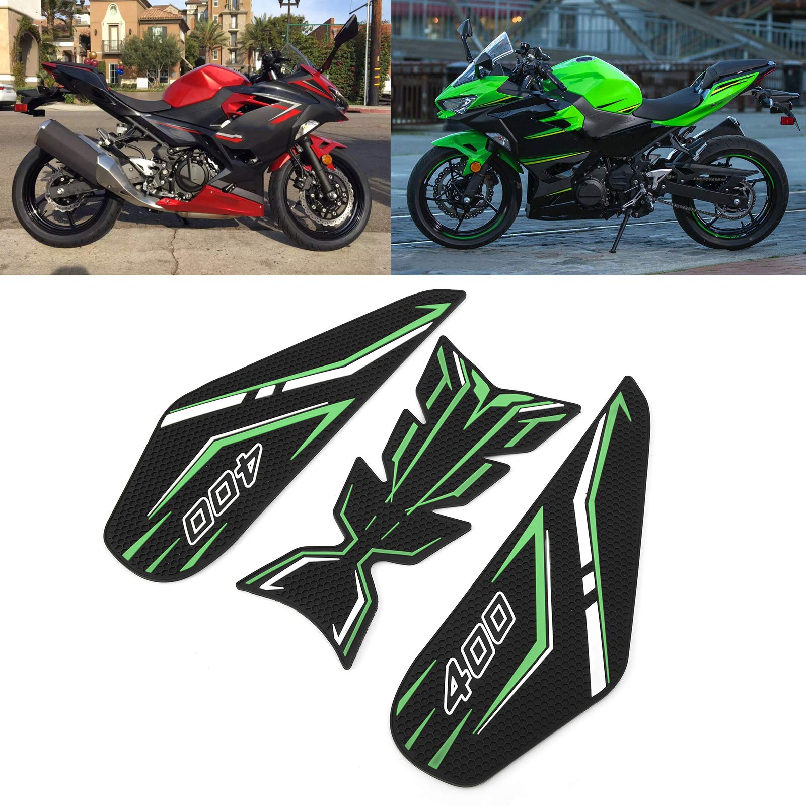 VOBOR Tankpad-Set – 3-teilig, Gummi-Tankschutz In 3D-Optik – Passend Für Kawasaki Z400 Und Ninja 400 – Grün