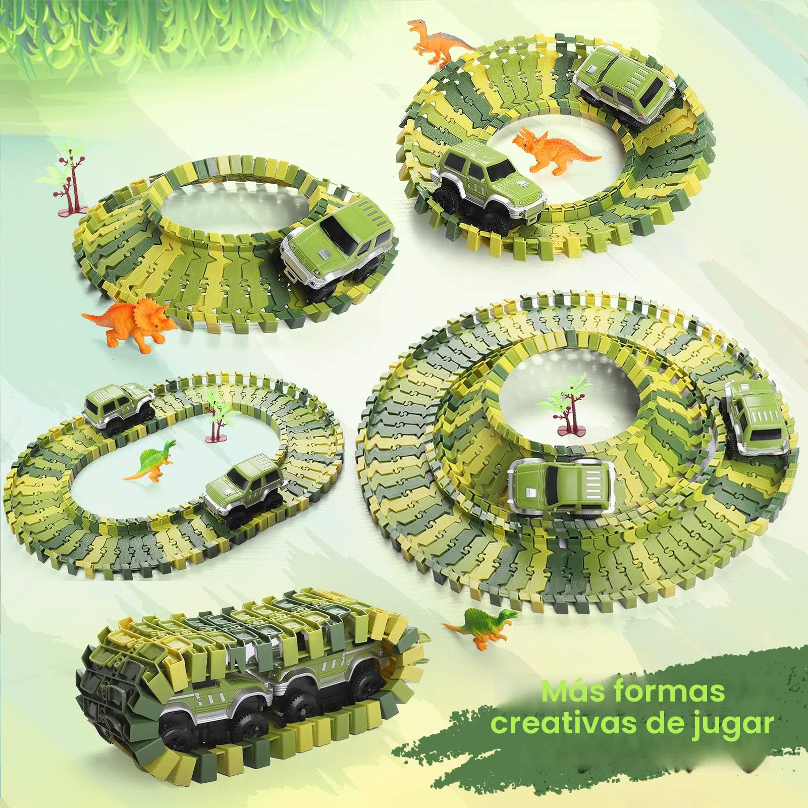 burgkidz Juego de Pistas De Carreras, 387 Piezas de Vías de Tren de Dinosaurios Flexibles con 2 Coches y 6 Juguetes de Dinosaurios para Niños