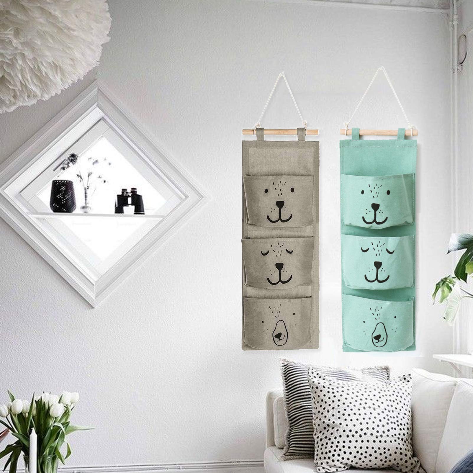 Sunshine smile Borsa parete,Borsa portaoggetti da appendere,Organizer appendere,Borsa appesa,3 Tasche Portaoggetti,Borse appenderes in tessuto,Tasche Portaoggetti (Bianco + grigio)