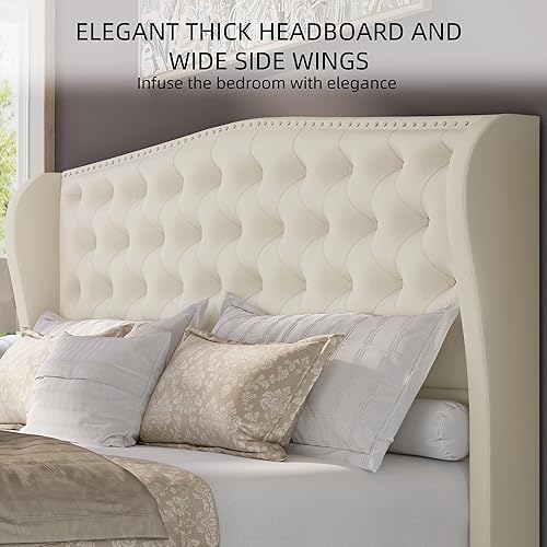 Miniatura 3 de Marco de cama tapizado tamaño Queen en terciopelo color beige con cabecera y pie de cama acolchados con botones profundos y soporte de listones de