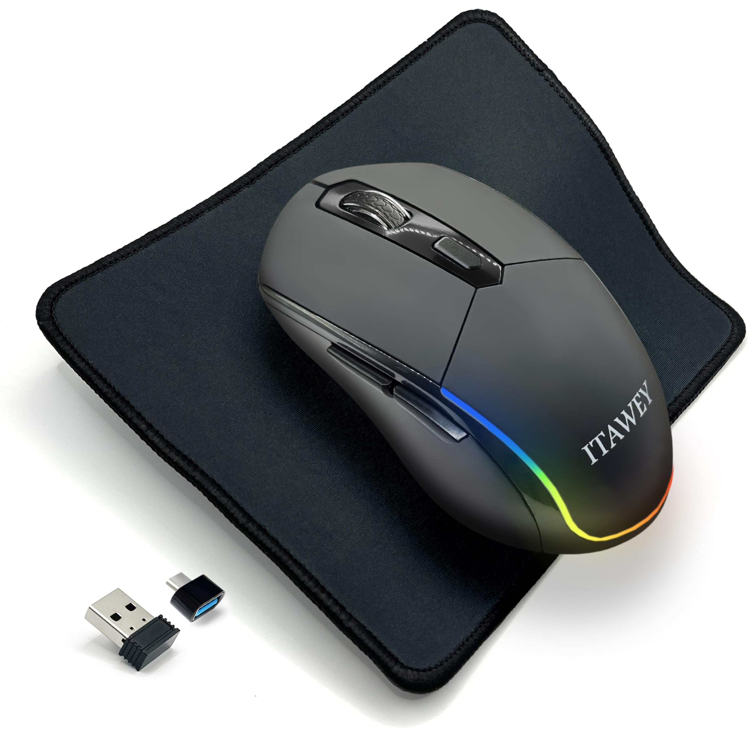 Mouse senza fili con LED a colori, Bluetooth 5.2 Dual Mode e ricevitore USB 2.4G, 6 pulsanti, ricaricabile, silenzioso, alta precisione con 3200 DPI, PC, laptop, tablet, nuovo modello