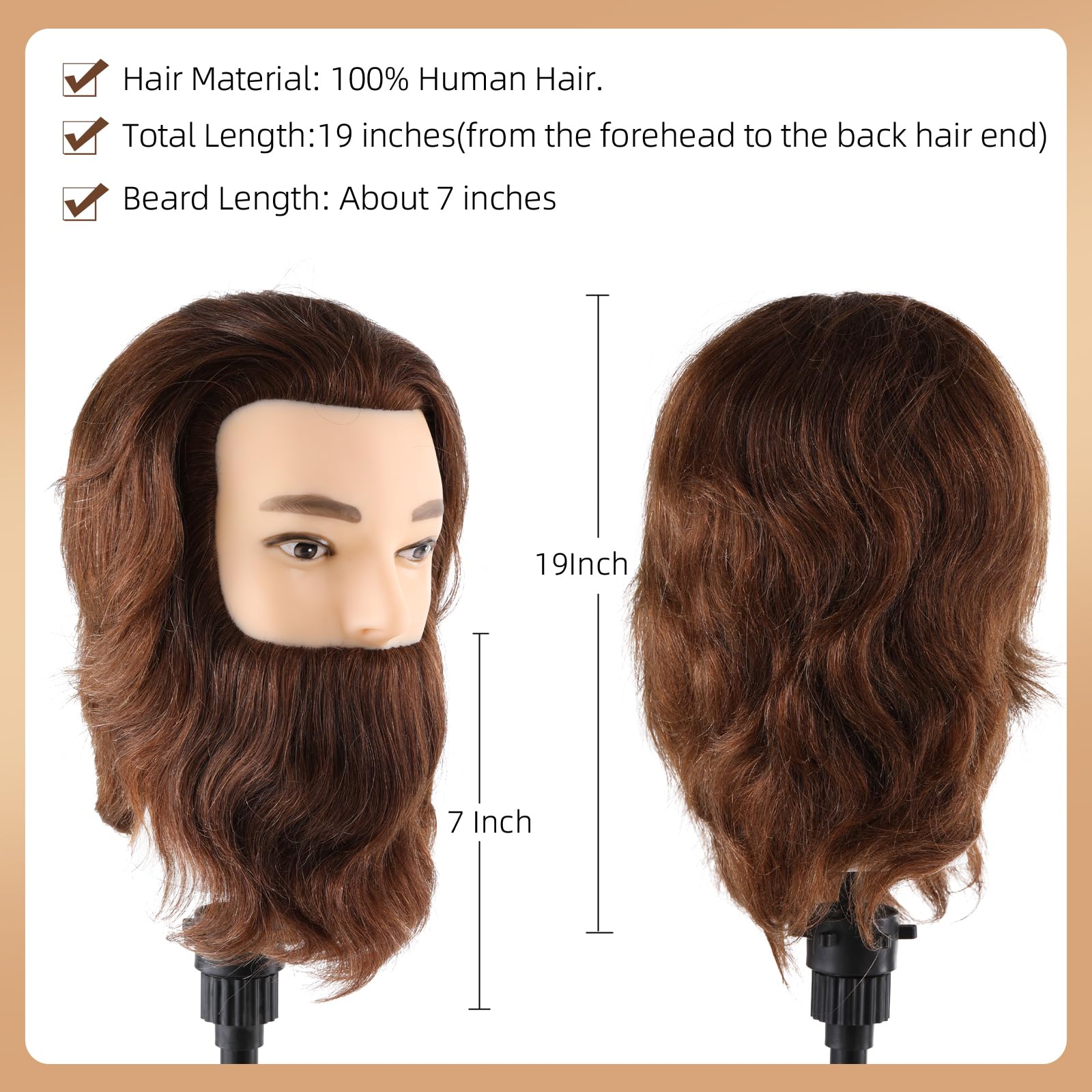 Mann Frisierkopf 100% Echthaar mit Bart Männlich Übungskopf Echthaar Friseur Kopf Puppenkopf Mannequin Kopf Mit Tischklemme + Kammsatz(19 Zoll)