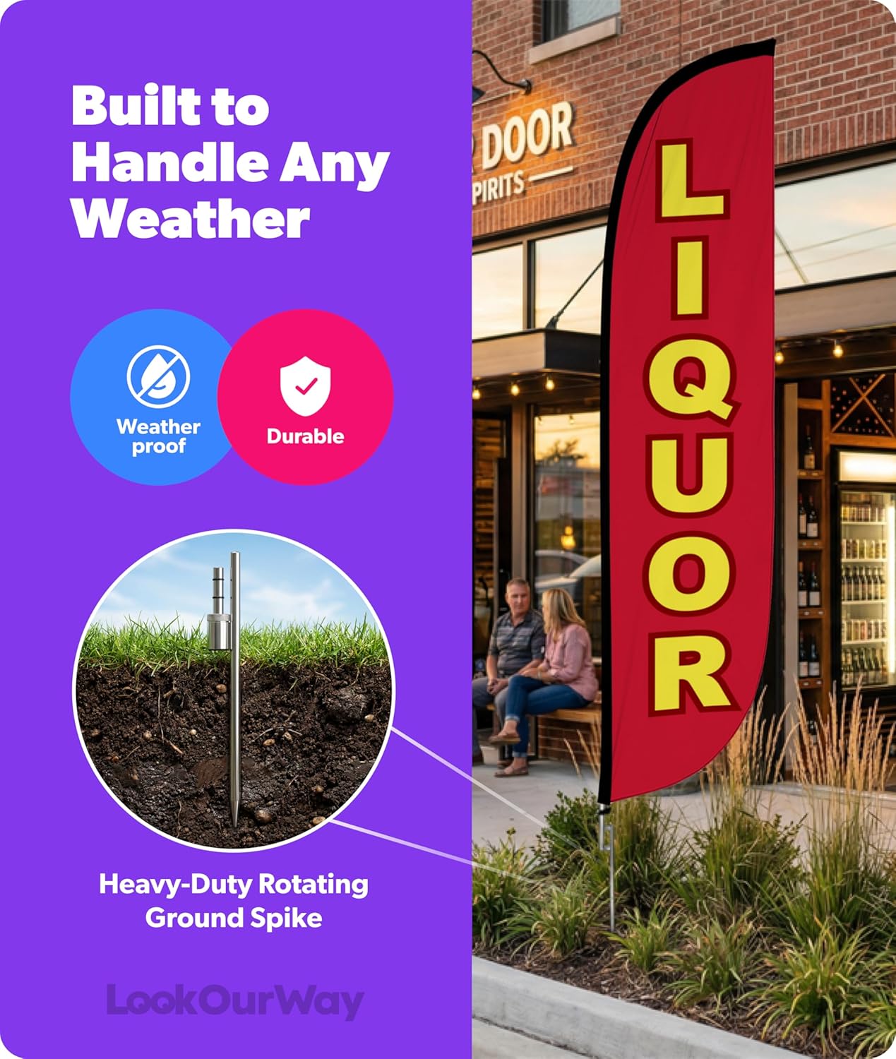 LookOurWay Feather Flag Pole Kit - 12 Feet Tall Advertising Flag Banner with Fiberglass Pole Kit and Ground Spike for Business Promotion - Beer & Liquor Flags - Liquor (10M1200123)