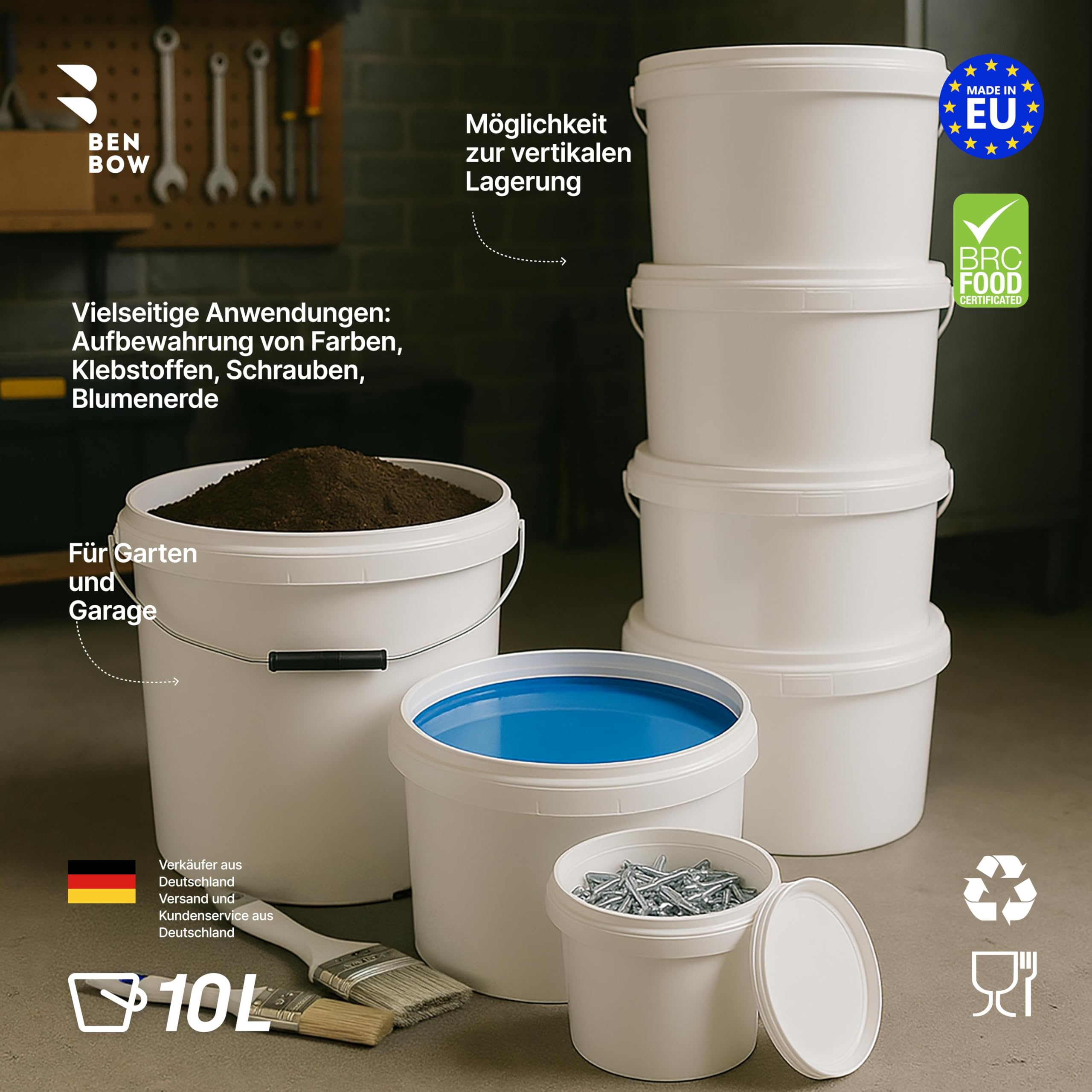 BenBow Eimer mit Deckel 10l weiß 5X 10l - lebensmittelecht, stabil, luftdicht, auslaufsicher, geruchsneutral - Aufbewahrungsbehälter aus Kunststoff, mit Henkel - lee
