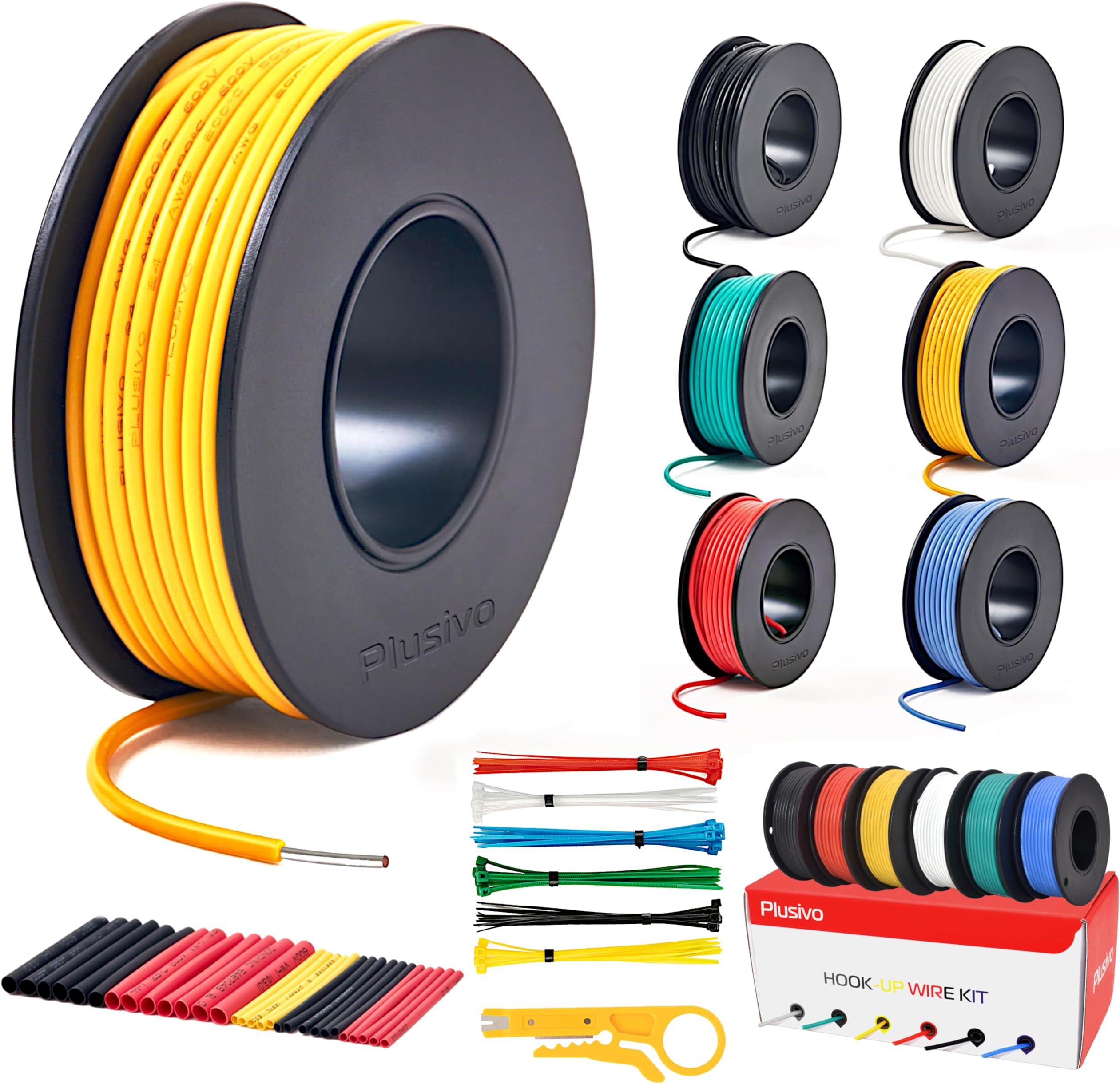 20 AWG Solid Core Wire Kit – 20 Gauge PVC Coated Copper Wires Pre-Tinned 23ft or 7m Each Spool, 6 Colors (Black, Red, Yellow, Green, Blue, White), Jumper Wire Hook Up Wire Kit from Plusivo