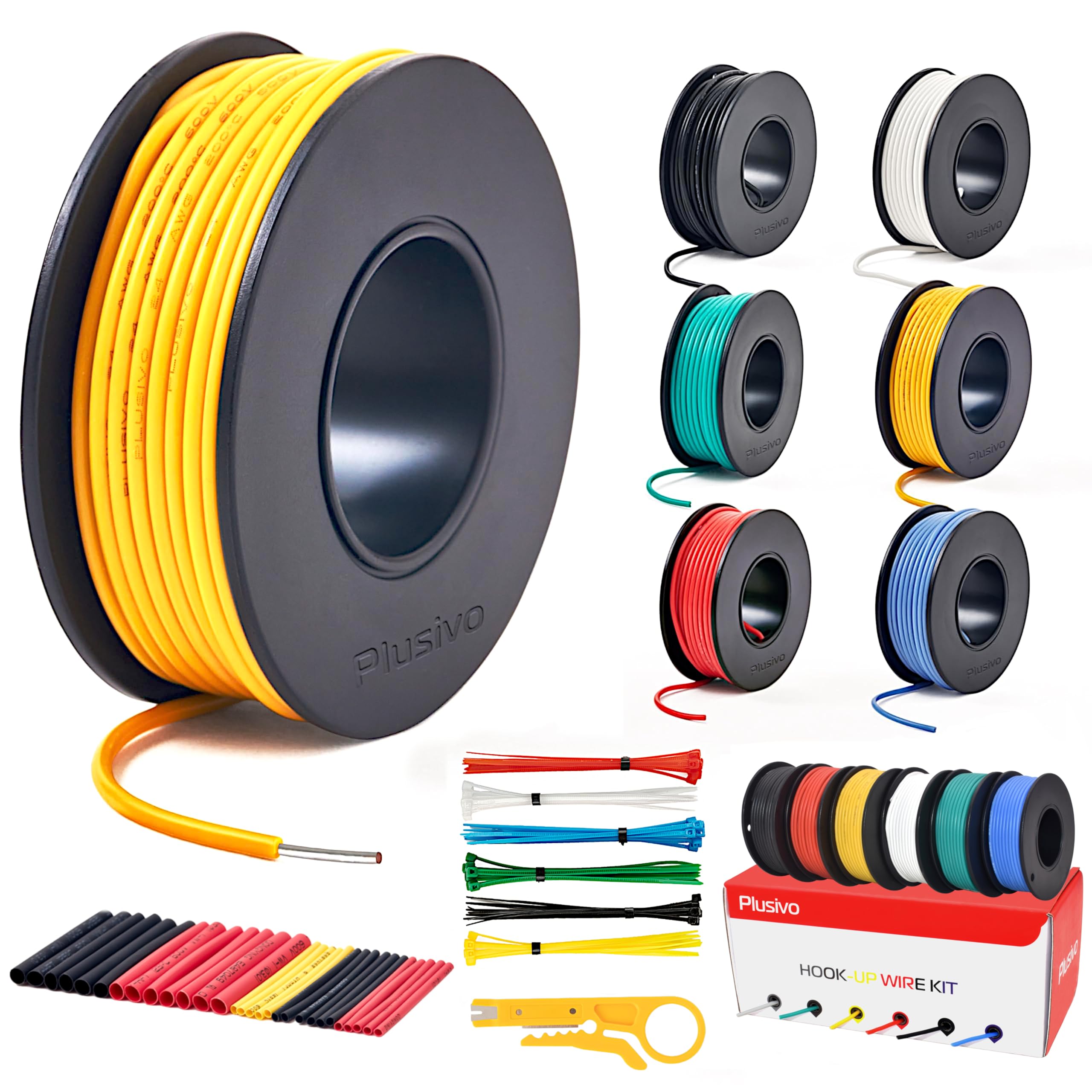 20 AWG Solid Core Wire Kit – 20 Gauge PVC Coated Copper Wires Pre-Tinned 23ft or 7m Each Spool, 6 Colors (Black, Red, Yellow, Green, Blue, White), Jumper Wire Hook Up Wire Kit from Plusivo