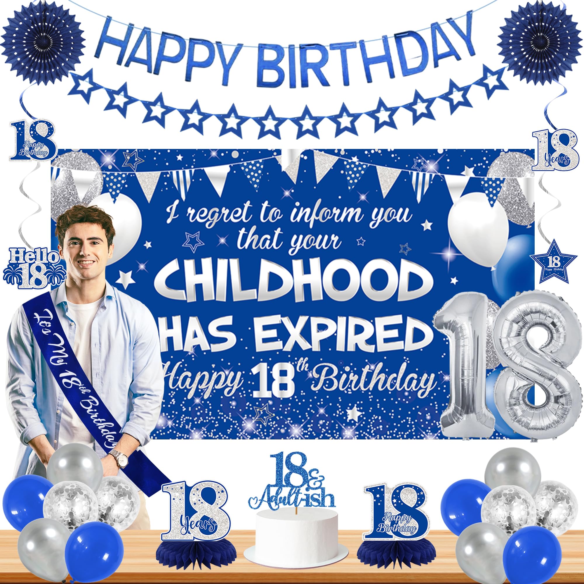 Photo 1 of Roetyce 18th Birthday Decorations Boys Girls, Blue Silver Happy 18th Birthday Banner Sash Balloons Centerpieces Cake Topper, Childhood Has Expired 18 Years Old Party Supplies Photo Backdrop Background