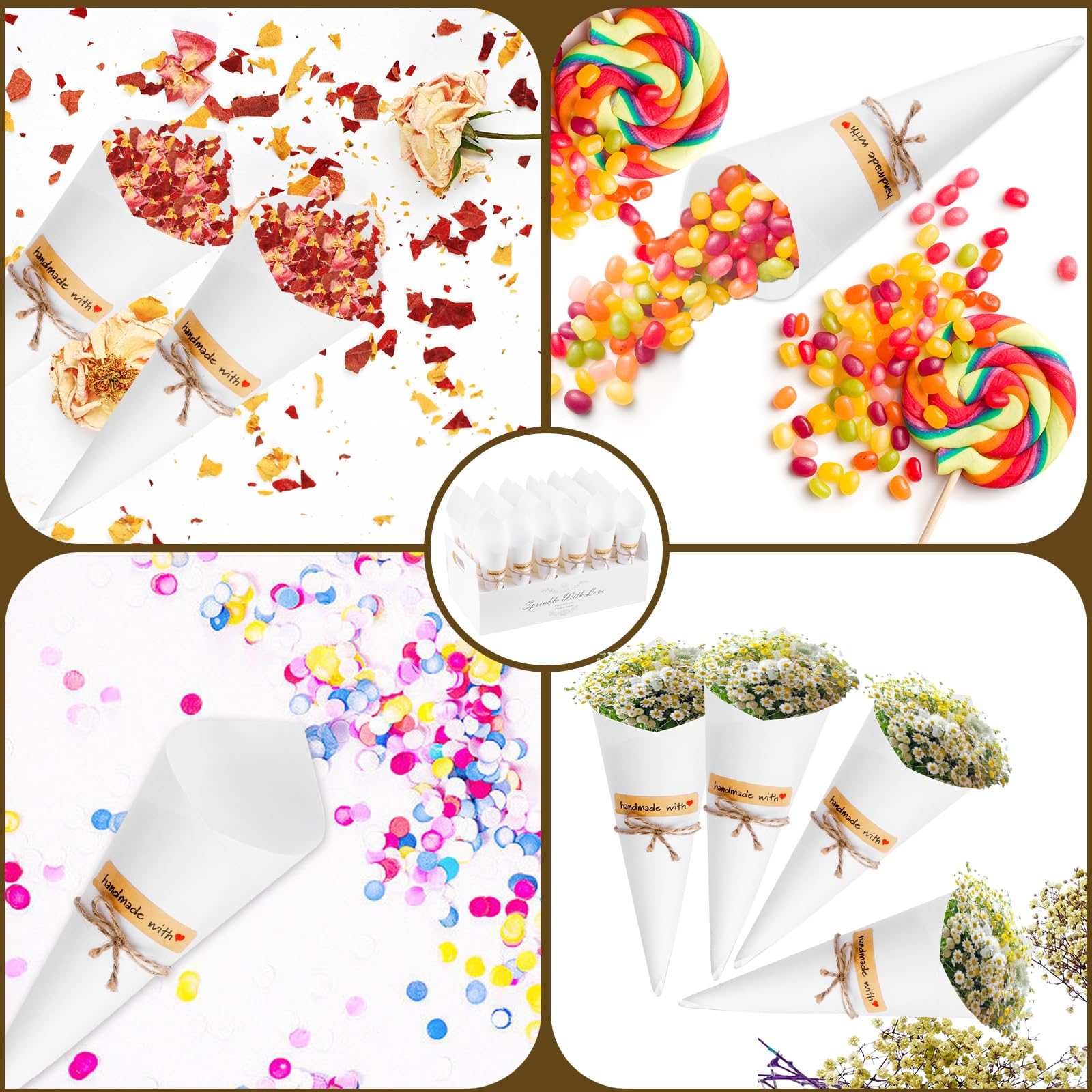 60 Piezas Conos Arroz Boda, Cono Papel Kraft Boda con 2 Caja Soporte Cucuruchos de Papel para Bodas, Conos de Confeti para Decoración Fiesta Ceremonia, Blanco