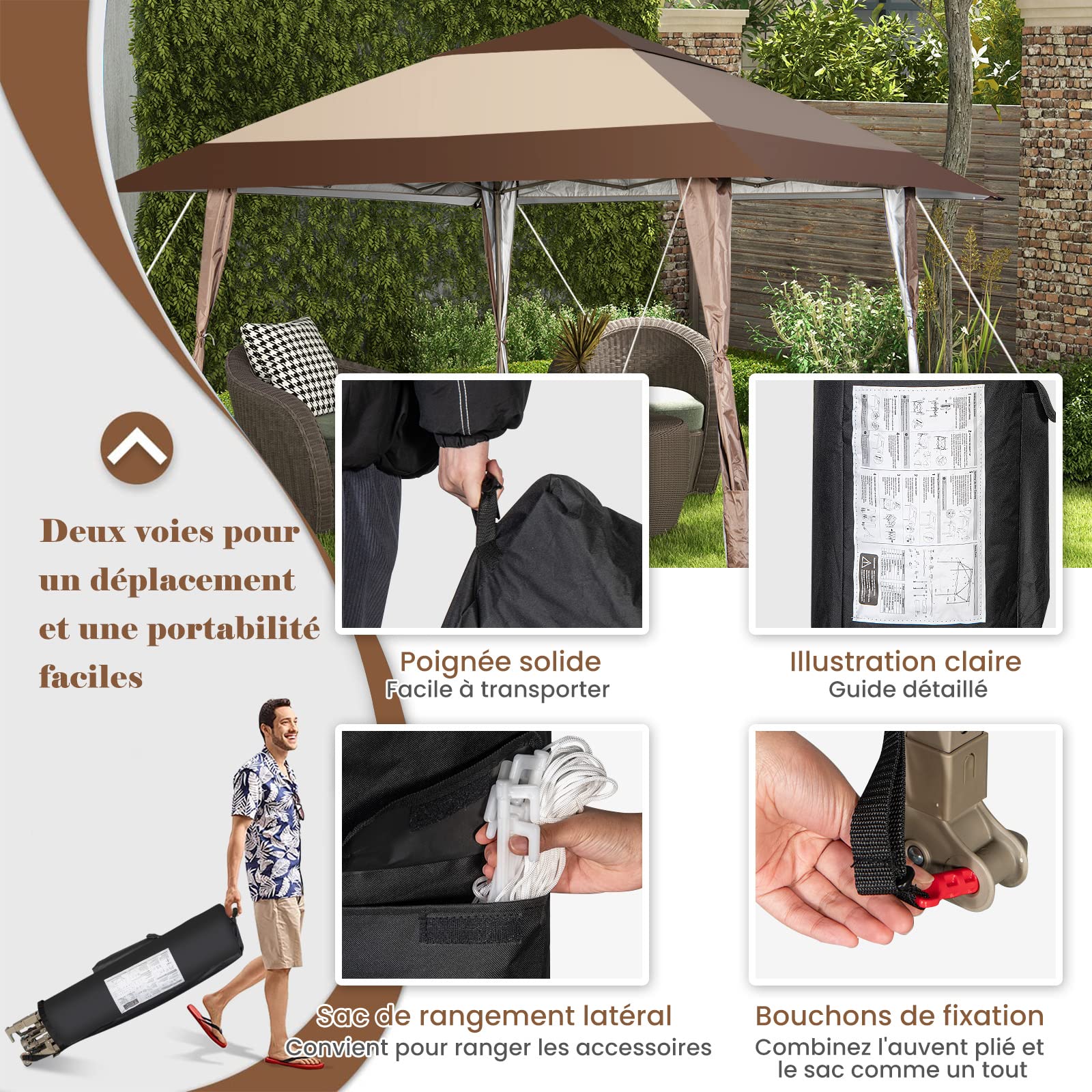 COSTWAY Tonnelle de Jardin Pliante 4M x 4M avec Supports en Fer et Roues, Tente de Reception Imperméable UPF 50+ à Hauteur 265-285CM Avant-Toits Sac Portable pour 8-10 Personnes, Beige