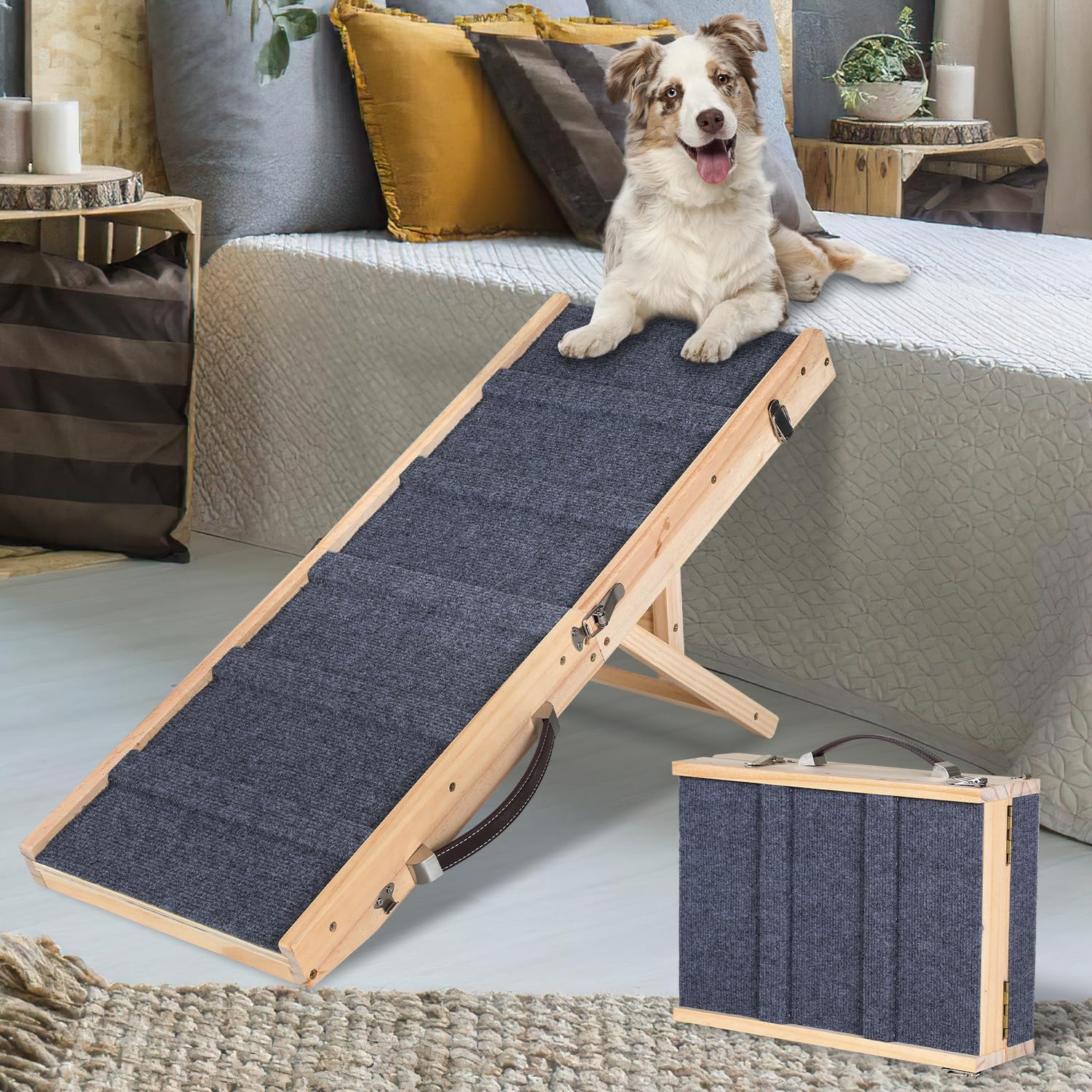 Hunderampe Klappbar Kiefernholz für Kleine, Hunde Haustierrampe mit Rutschfestem Teppich, Vielseitige, Tragbare, Verstellbarer Haustierrampe für Couch, Hochbett, Autos