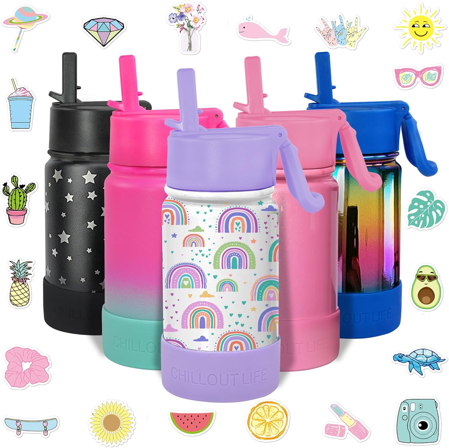 CHILLOUT LIFE 12 oz Kids Insulated Water Bottle for School with Straw Lid Leakproof and Cute Waterproof Stickers, Personalized Stainless Steel Thermos Flask Metal Water Bottle for Girls & Boys