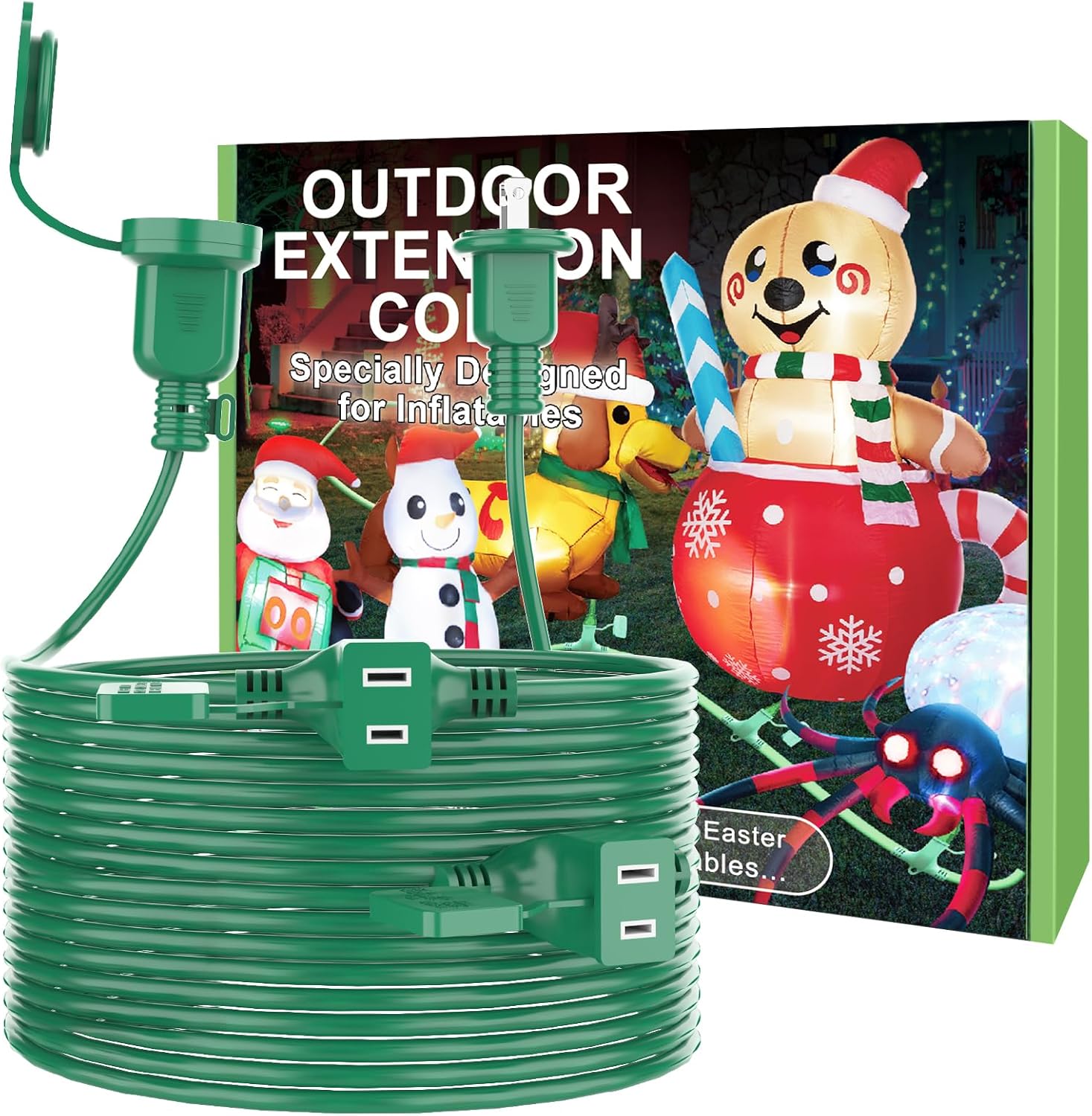 25FT Long Green Extension Cord 3 Outlets for Christmas Inflatables Blow Ups Yard Outdoor Outside Decorations Extension Cords with Multiple Outlets Plugs Cover Splitter Waterproof for Christmas Lights 25FT Extension Cord