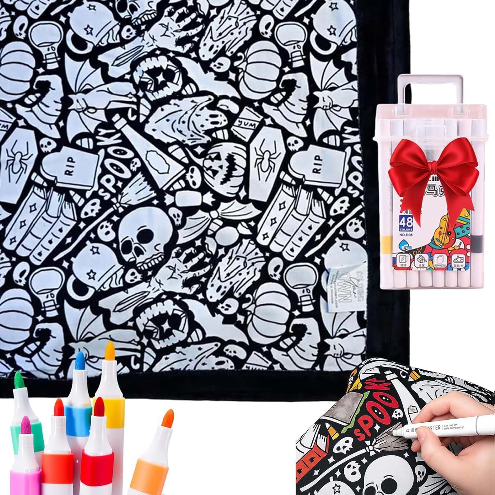 OKESYO Colouring Blanket for Adults, DIY Coloring Blanket with 24pcs Markers, Color Your Own Throw Blanket for Adults, Personalized Comfortable Home Decoration, Washable and Recolorable