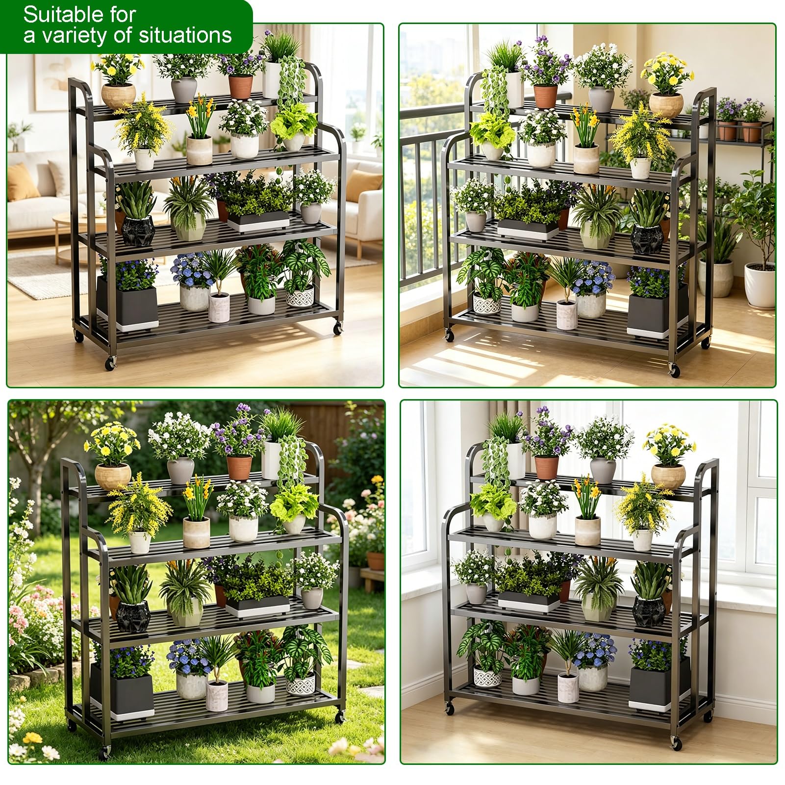 Supporto per piante da esterno in metallo nero a 4 livelli con ruote, supporto per fioriera per organizer per scaffali per scaffali per vasi da fiori(120x40x120cm)