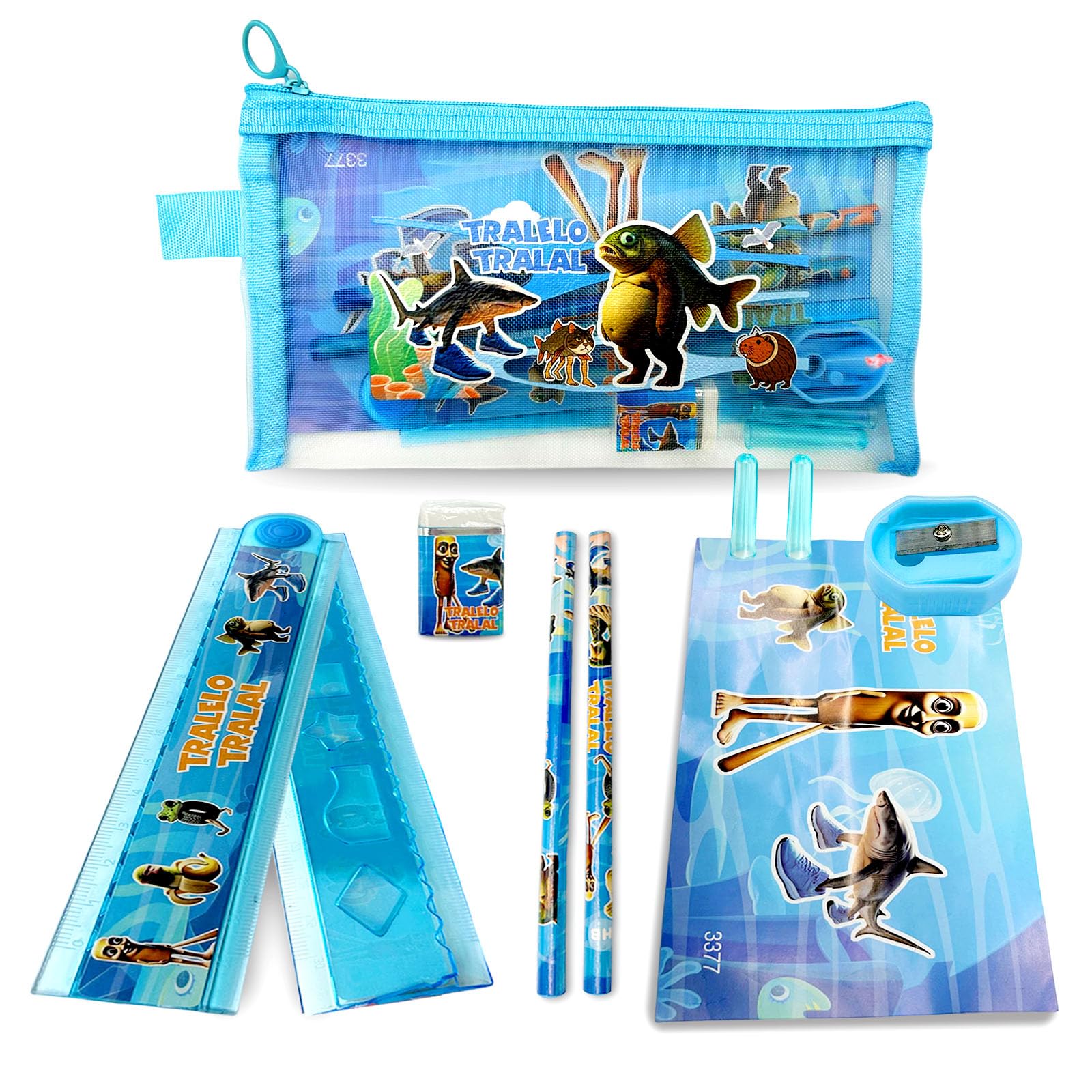 Italian Brainrot Pencil Case, Stationery Set, Large-Capacity Pencil Case, Includes a Bag, 2 Pencils, a Ruler, an Eraser, a Sharpener, 2 Pen Caps, Office School Supply, 21x12x2cm