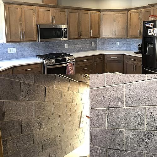Miniatura 2 de Yipscazo 5 hojas para despegar y pegar para azulejos de cocina, gris piedra para salpicaduras para baño, chimenea, lavandería, azulejos de pared de