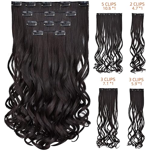 Miniatura 3 de Extensión de cabello castaño oscuro, extensiones de cabello con clip, de 18 pulgadas, ondulado, sintético, 5.5 onzas, HSPCYGG de 22 pulgadas,