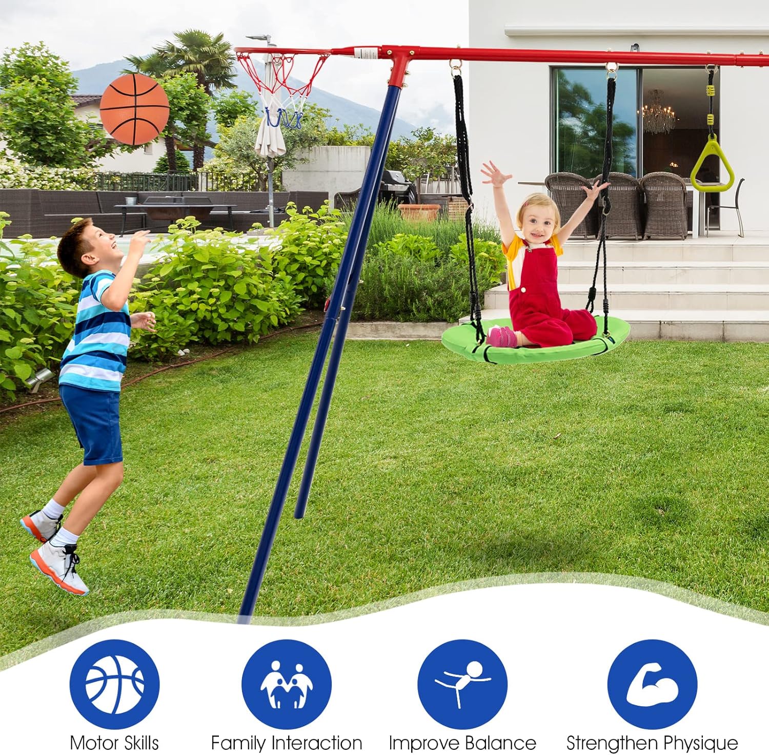 OLAKIDS Swing Sets for Backyard, 7 in 1 Outdoor 660LBS A-Frame Heavy Duty Metal Swing Stand with Monkey Bar for Kids, Playground Playset with Slide, 2 Swings, Glider, Trapeze Rings, Basketball Hoop