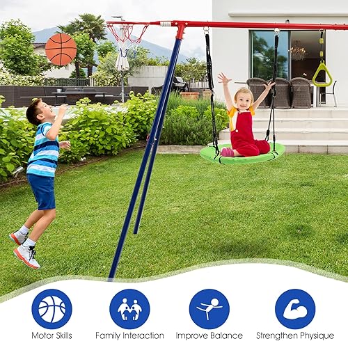 Vista 8 de OLAKIDS Juegos de columpios para patio trasero, 7 en 1 al aire libre, 660 libras, soporte de metal resistente con barra de mono para niños, juego