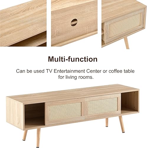 Miniatura 5 de Soporte de ratán para TV, centro de entretenimiento, mesa de consola de TV de 55 pulgadas de largo, puertas correderas de madera, ratán de plástico