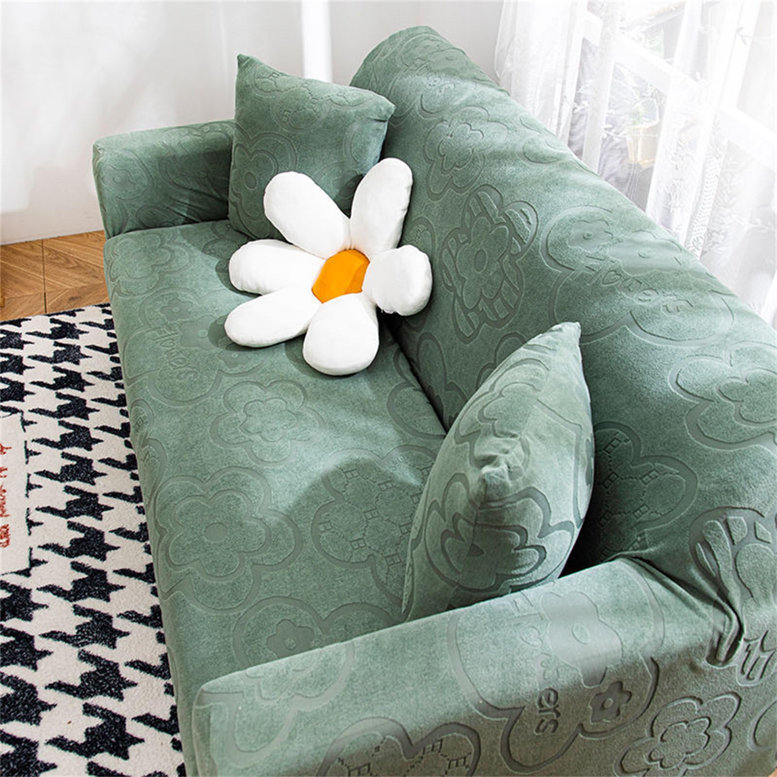 Housse de canapé d'angle L extensible 5 places vert anti-glisse