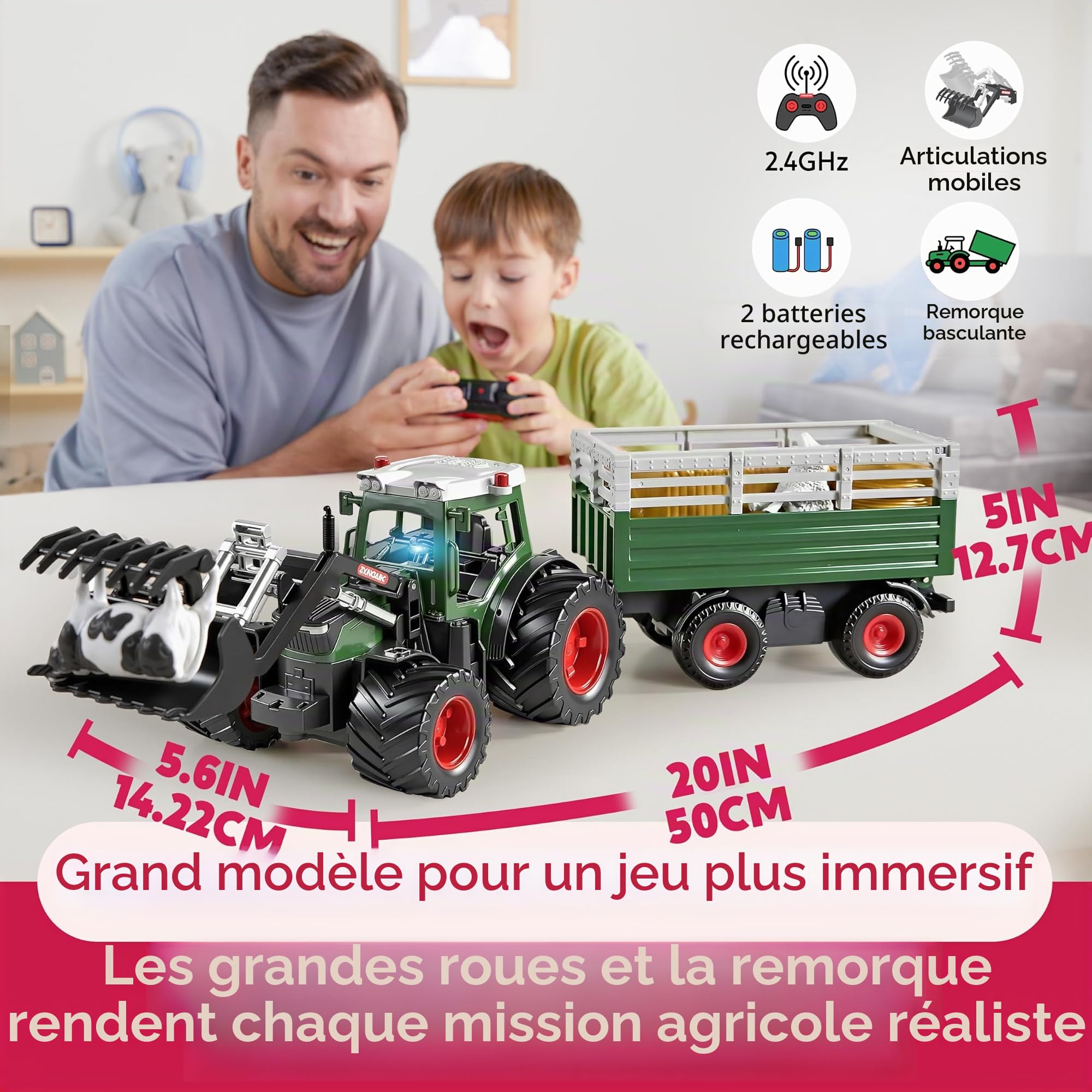 SYNCFUN Ensemble de Jouets Tracteur télécommandé Grand véhicule agricole avec remorque, Chargeur, lumières et Sons