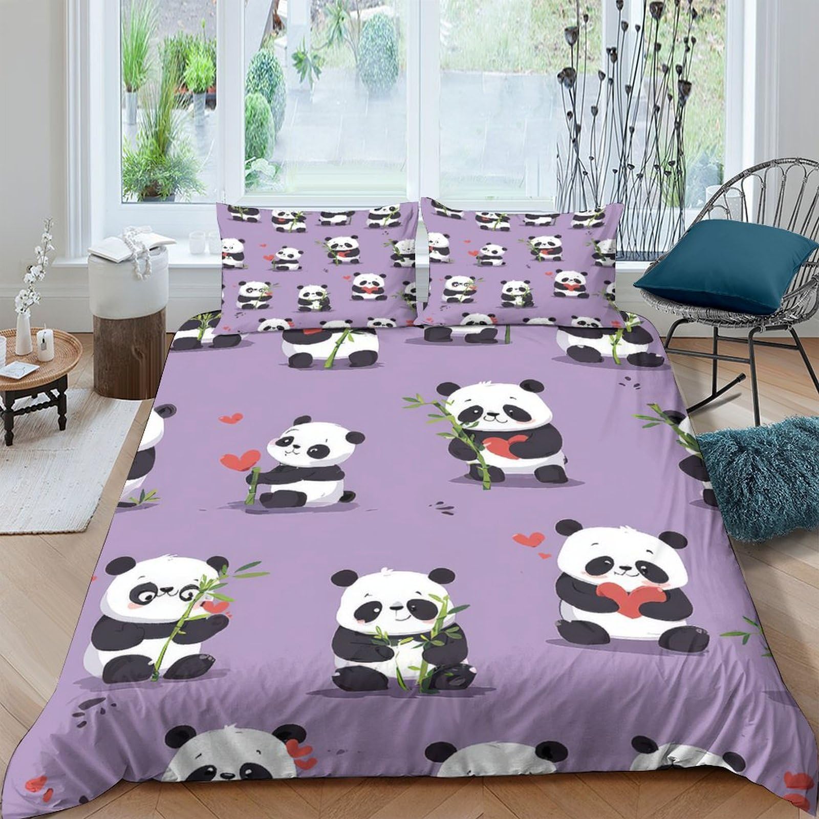 GPLZQXKJNH 3D Printed Cute Panda Duvet Cover Set Microfiber Purple Bedding with 2 Pillowcases for Bedroom Decor, Single（135x200cm）