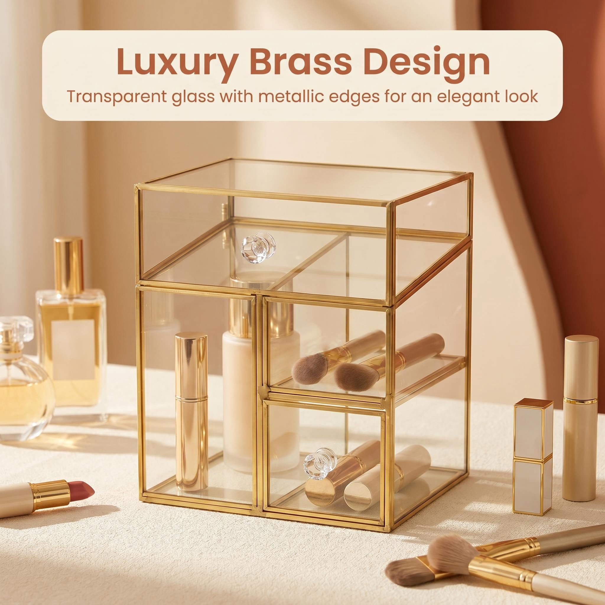 JIARI Organizador de maquillaje de vidrio con cajones, 6.88 x 5.31 x 7.87 pulgadas, acabado dorado, almacenamiento de cosméticos transparente, múltiples compartimentos, exhibición de tocador