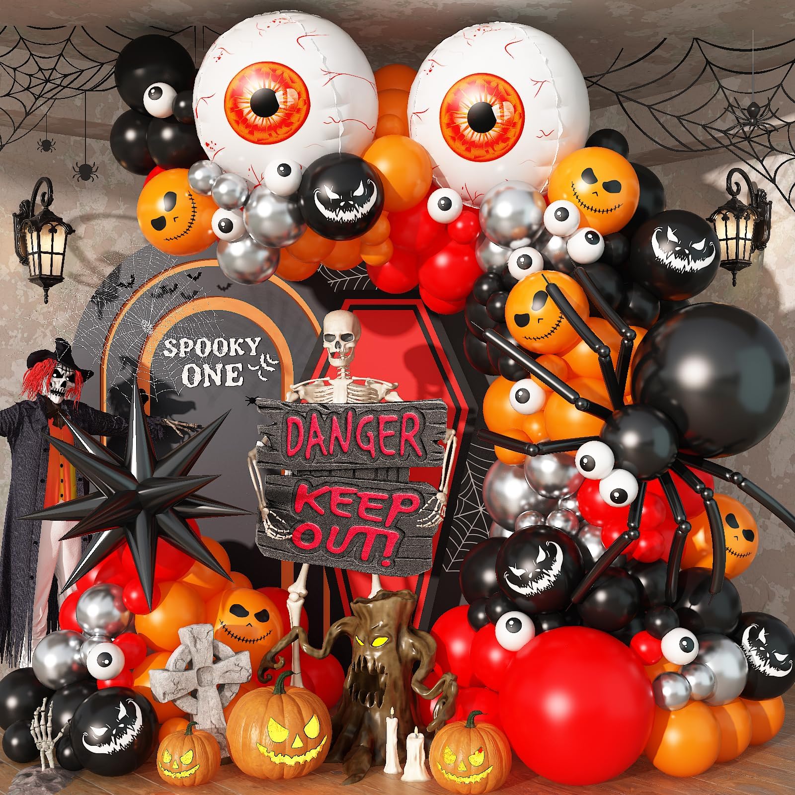 124Pcs Halloween Balloon Garland Kit, Red Orange Black Silver Balloon Arch with Eyeball Pumpkin Ghost Print Spooky Spider Diy Balloons for Outdoor Haunted House Trick or Treat Party Decorations