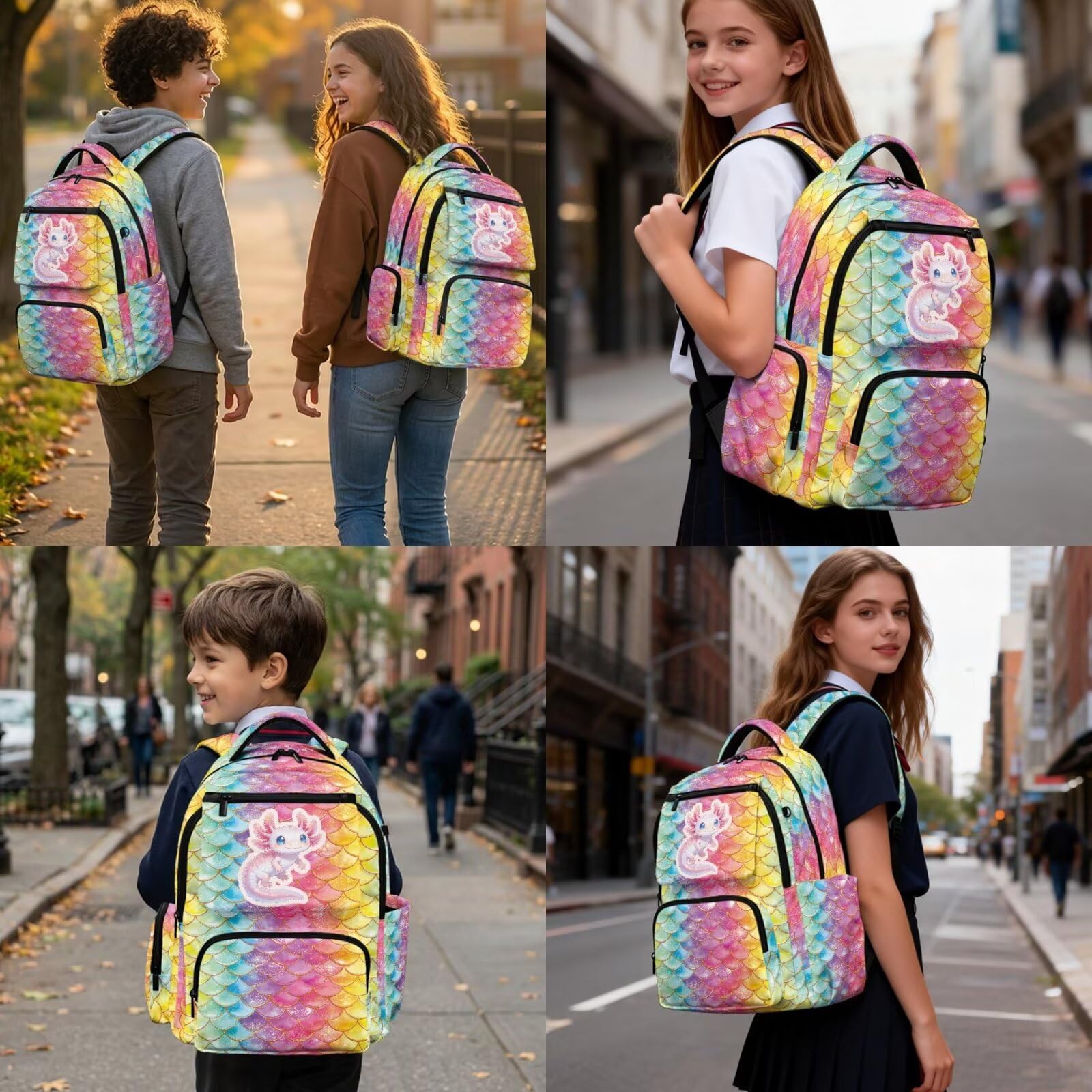 Howilath Grande zaino per la scuola per bambini, set da 4 con borsa termica per il pranzo, portapenne, custodia per bottiglia d'acqua, Mochila Para Niñas, Axolotl - Scala di sirena arcobaleno, L