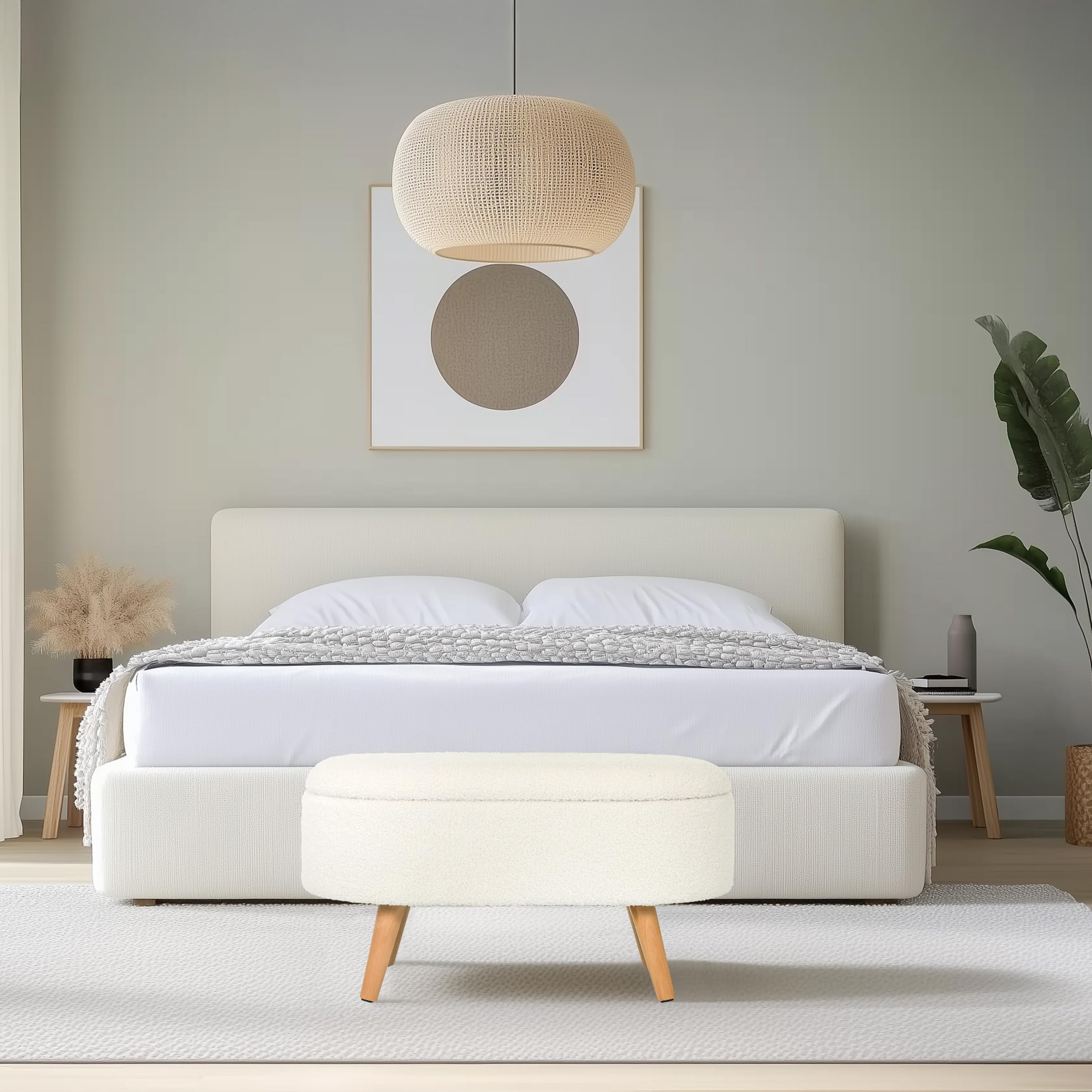 Banco con Espacio de Almacenamiento, Tejido bouclé STORIANO Banco escandinavo tapizado con Tapa para salón Dormitorio Pasillo, Blanco