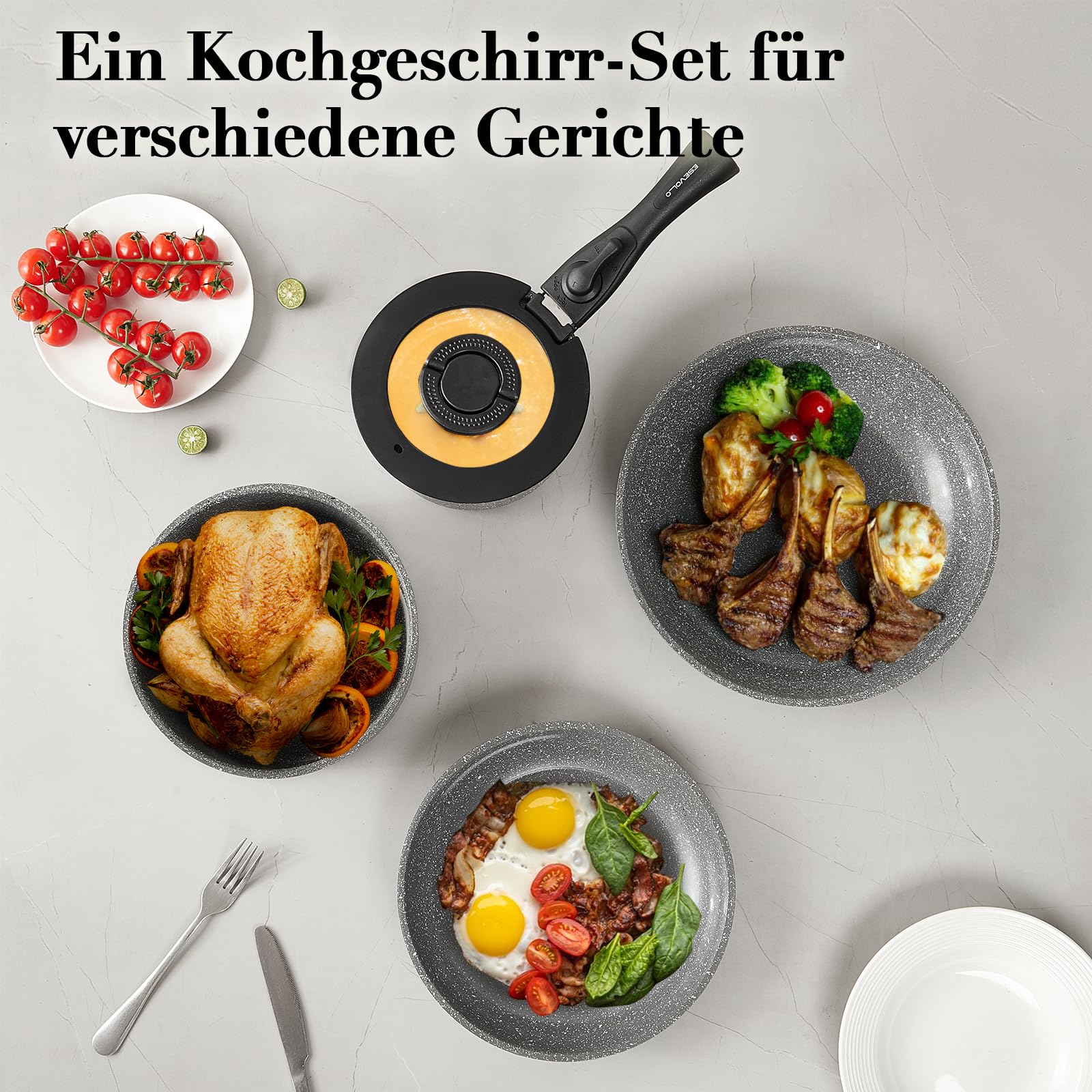 Topfset Pfannenset Induktion 7-teilige mit Abnehmbarer Griff, PFAS-Frei Keramik-Antihaftbeschichtet Pfanne 24/28cm, Kasserolle 16/20cm mit Glasdeckel, Stapelbar Ofenfest, Grau