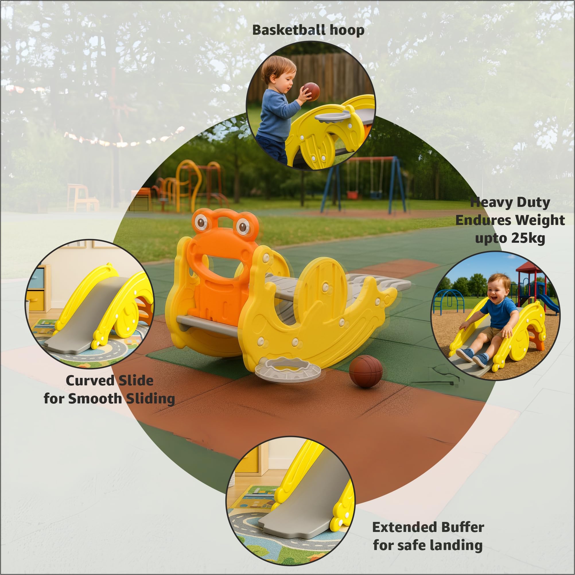 Amazon Brand - Jam & Honey 3 in 1 Frog Foldable Slide, Baby Slide with Rocker & Basketball | with Ball | Foldable Freestanding Indoor & Outdoor Slides| Rideon & Rocker, Multicolor, 18+ Months - Image 5 thumbnail