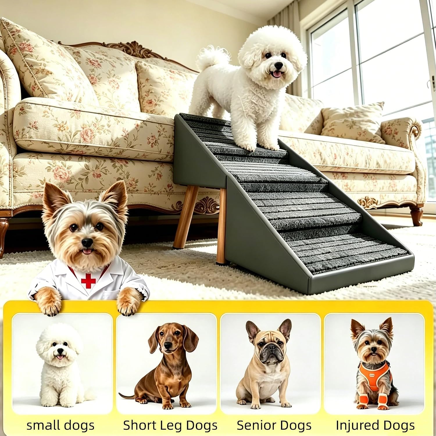 Rampa Convertible 2 en 1 para Perros, otomana y reposapiés, escaleras Antideslizantes para Mascotas (para Perros pequeños y Grandes), rampa ergonómica para Cama, sofá y Coche.