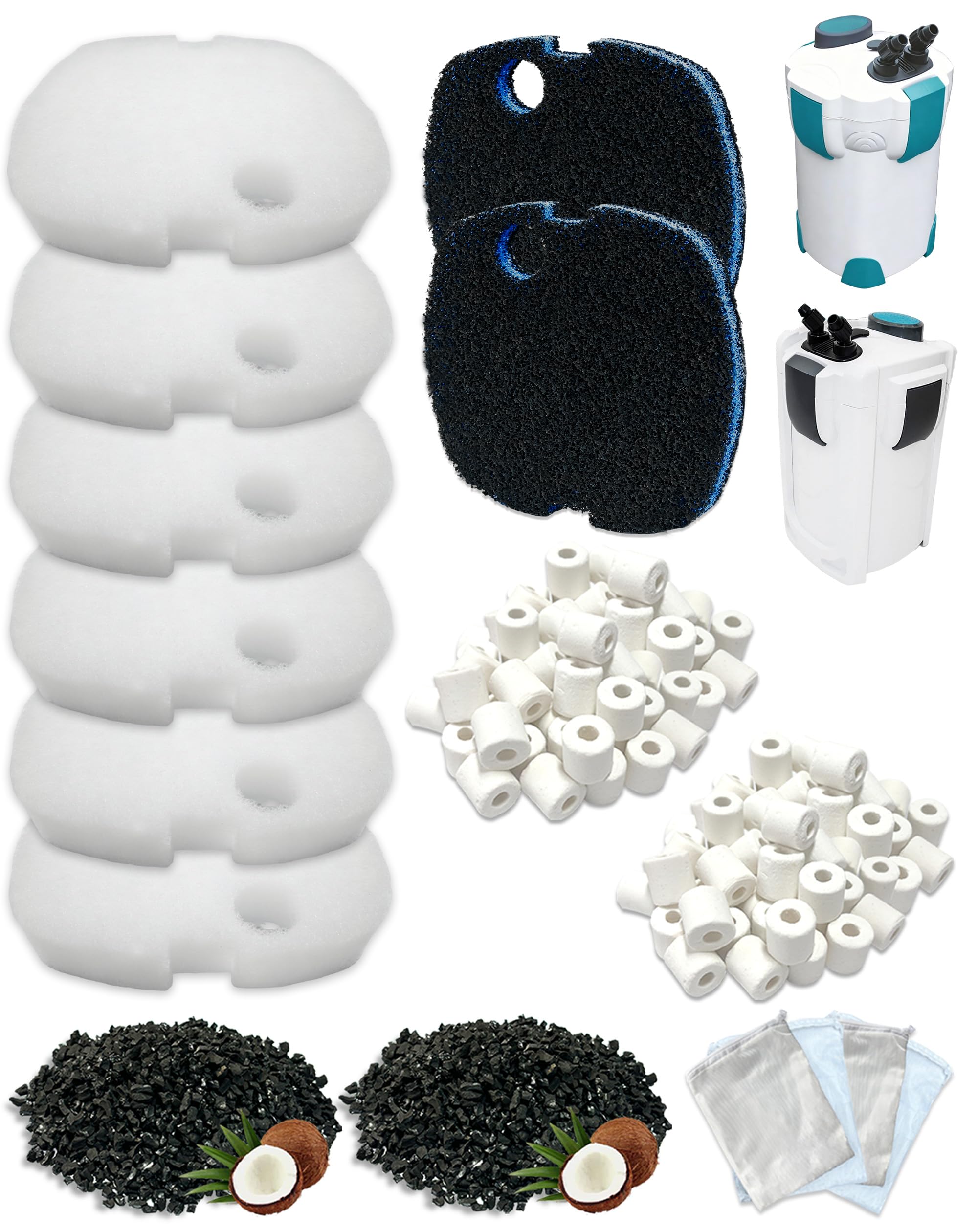 16-Pack Filter Media Kit Compatible with AllPondSolutions 1000EF & EF1 (400 Litres) External Fish Tank Filter. Suitable for Coldwater, Tropical & Marine Aquariums, Includes Coarse Pads, Ceramic Rings