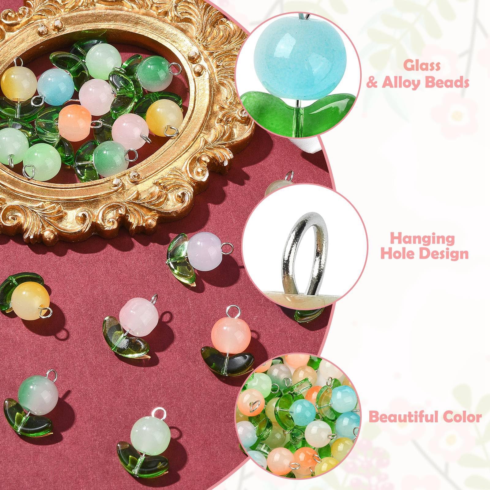 Stiesy 80Pcs 8 Colors Glass Flower Charms Pendants with Green Leaf Glass Beads Charm Imitation Jelly Round Bead Floral Plant Charms for DIY Jewellery Crafts Bracelet Necklace Earrings Making - Image 3