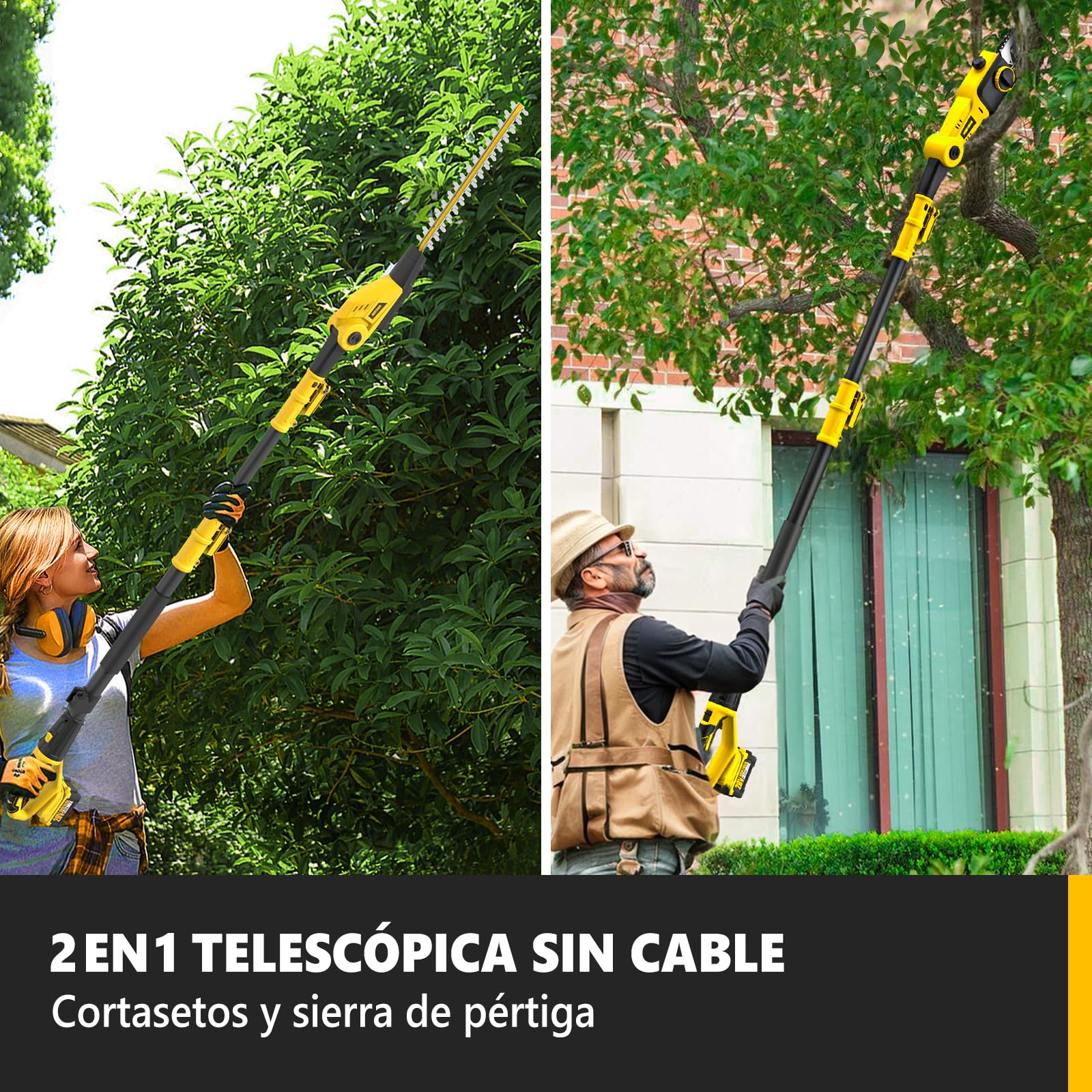 Alloyman 20V MAX Cortasetos y Motosierra Telescópica Inalámbricos 2 en 1, con 2 baterías de 4,0 Ah y Cargador, 2,4 m de Sierra y Cortasetos telescópicos para arbustos y setos