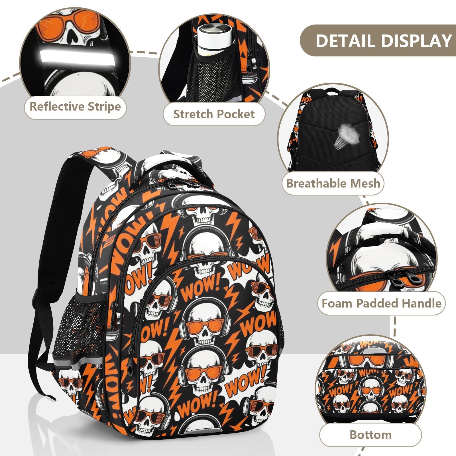 KLL Mochila escolar para niños y niñas, bolsa de guardería, mochila de viaje para niños, diseño de calavera, gafas de sol, música rock, naranja