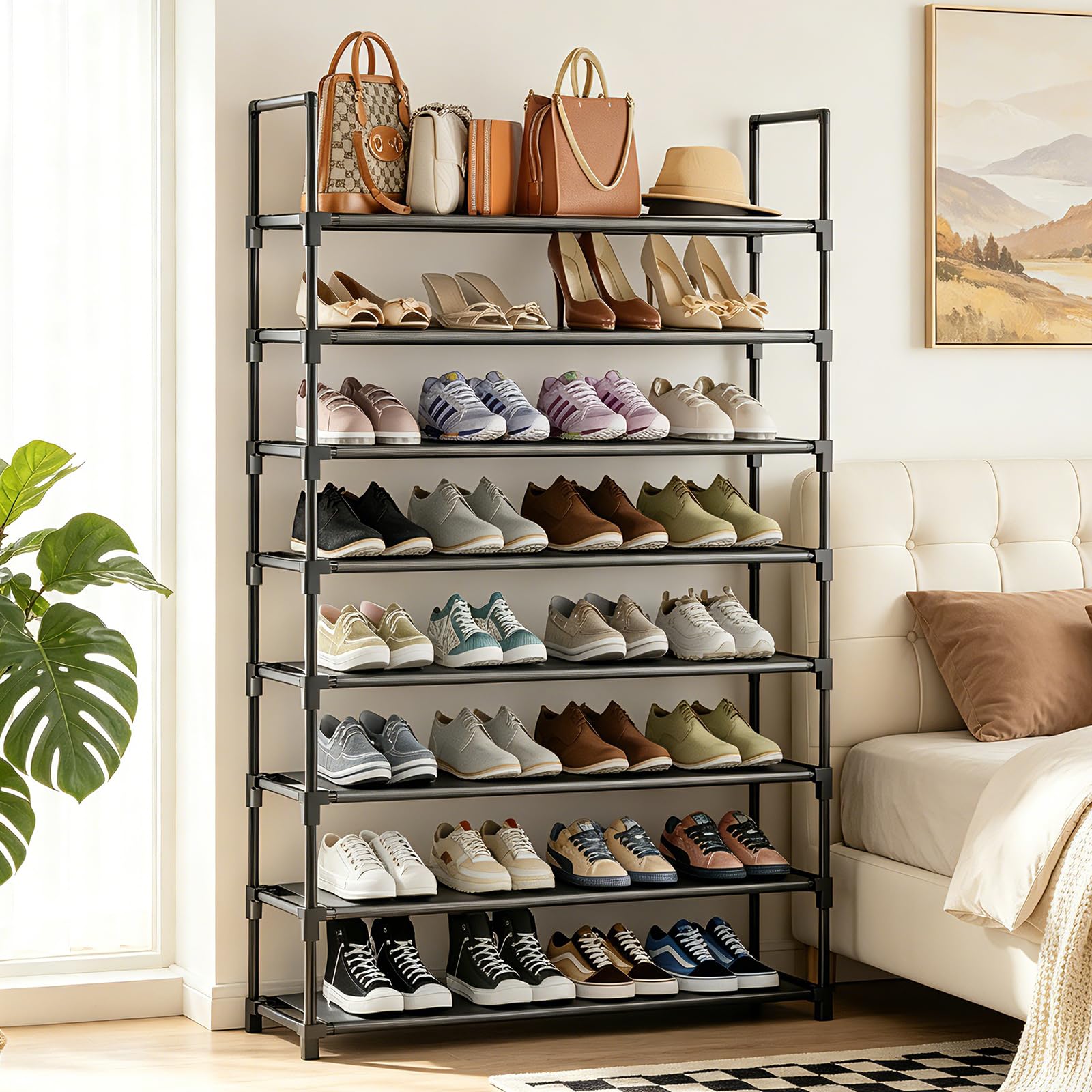 OYREL Scarpiera a 8 ripiani per 32-40 paia di scarpe, organizer grande con borsa laterale, salvaspazio, per armadio, ingresso, garage, camera da letto, scarpiera in tessuto non tessuto, nero